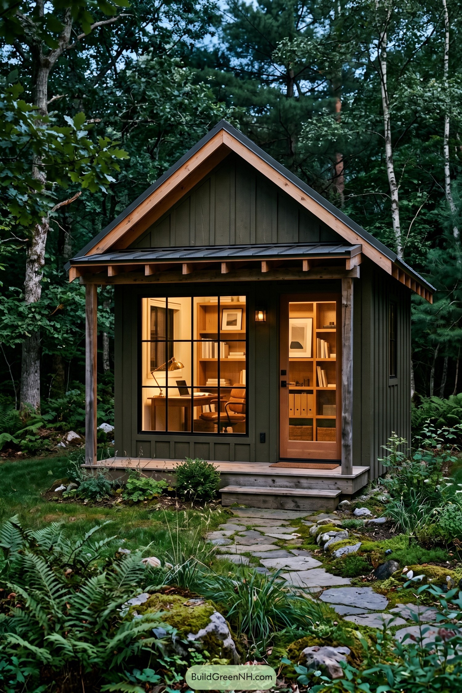 Dark green garden office with a gabled roof and warm timber trim