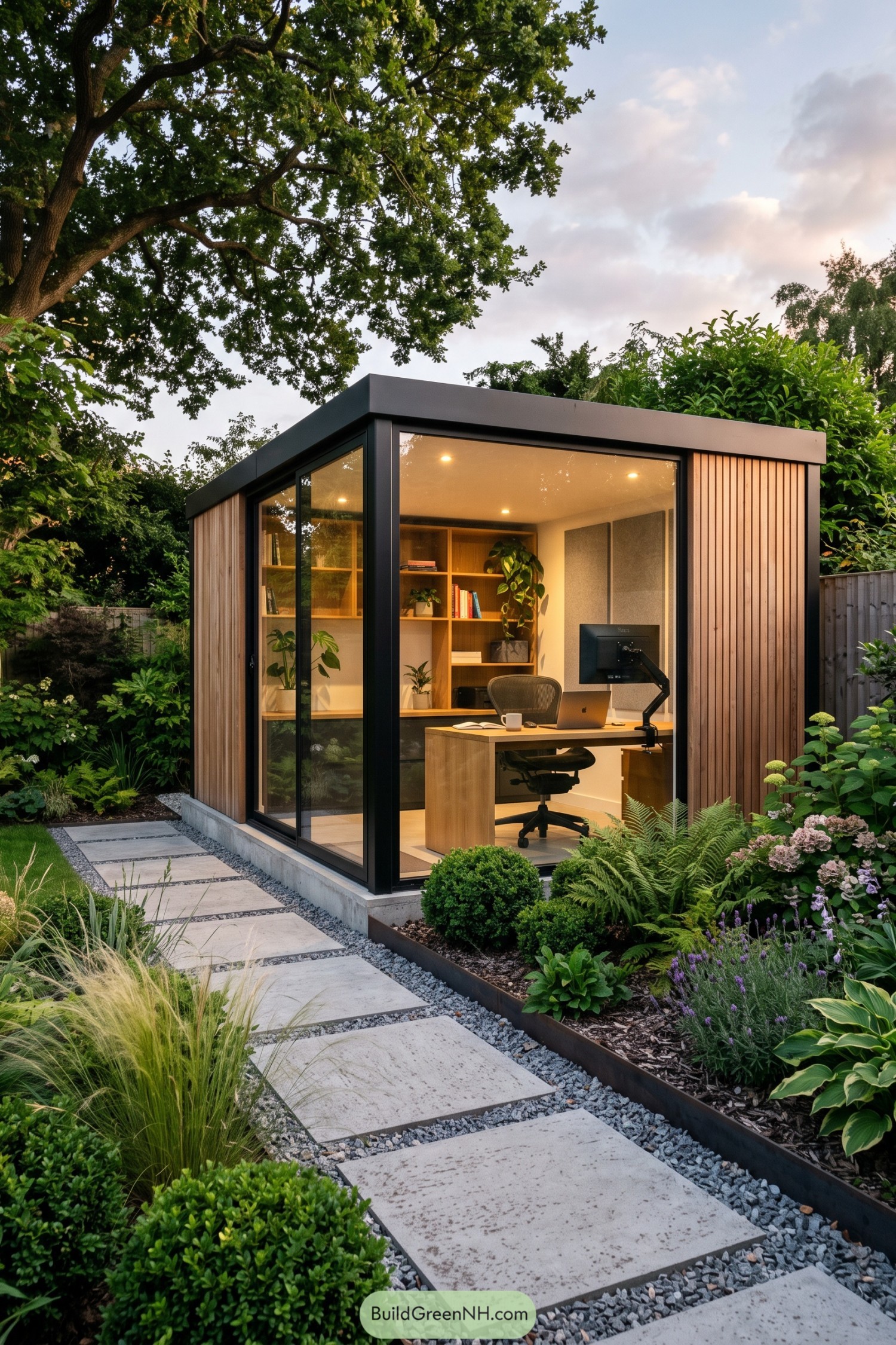 Modern timber garden office with glass walls and black trim