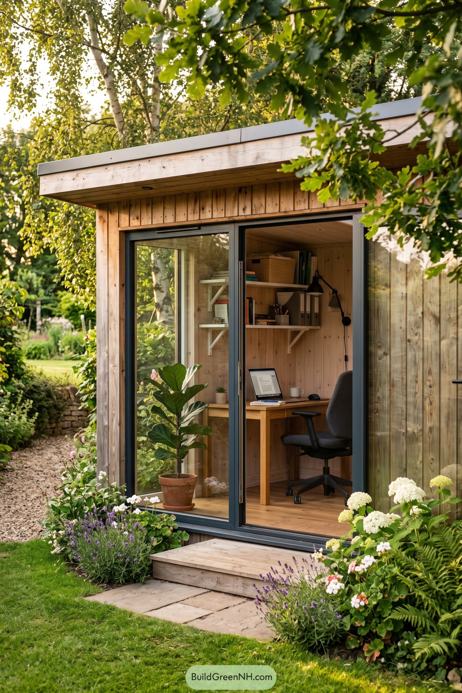 Timber garden office with wide sliding glass doors