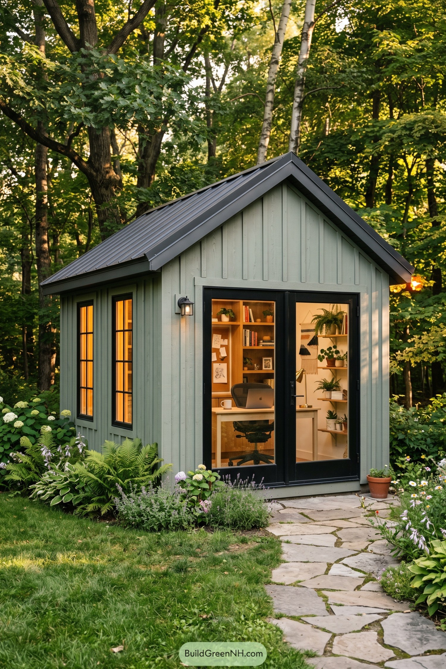 Sage green garden office with black framed glass doors in a wooded garden