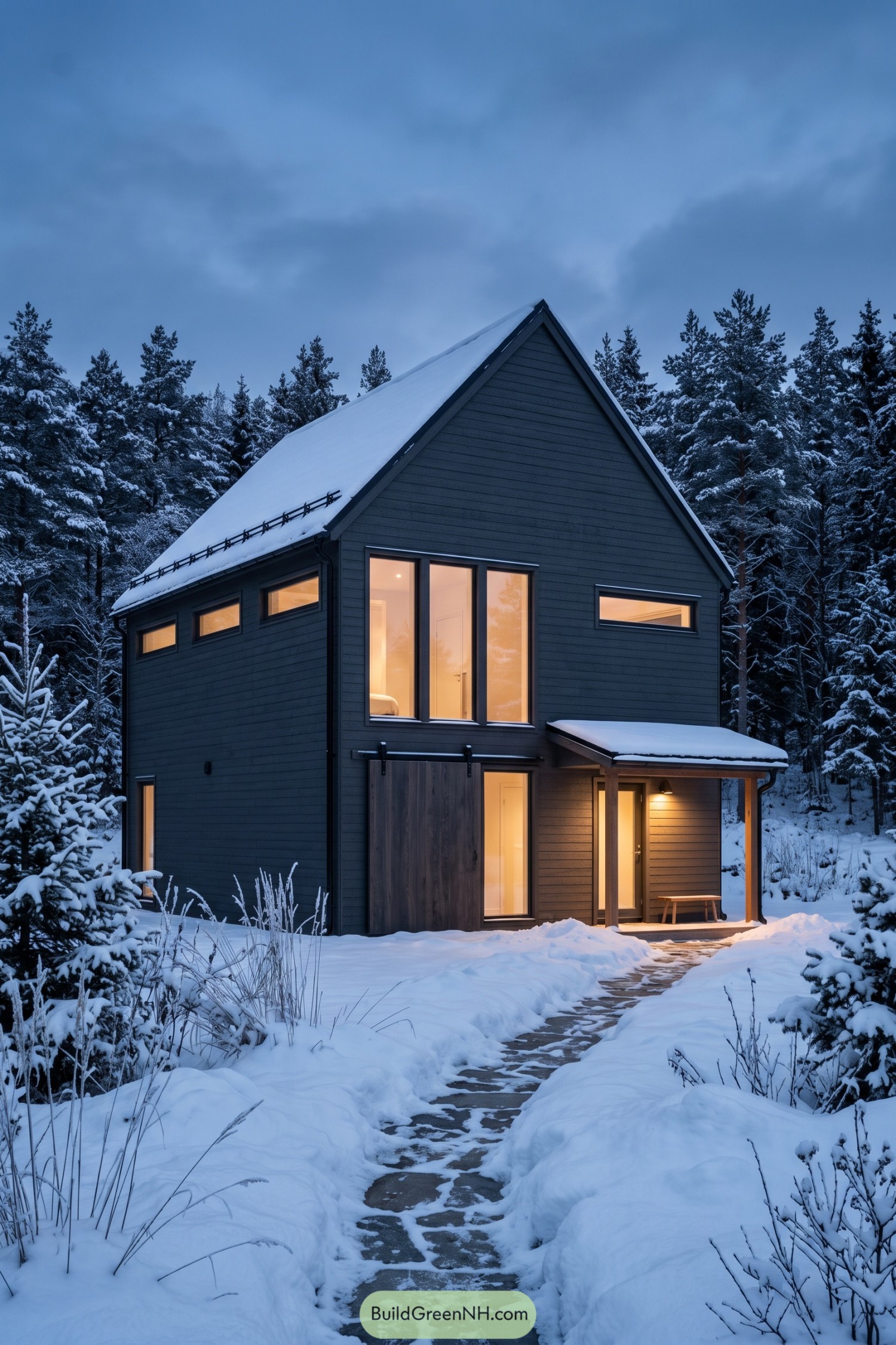Charcoal Gray Barn House With Snowy Gable Roof