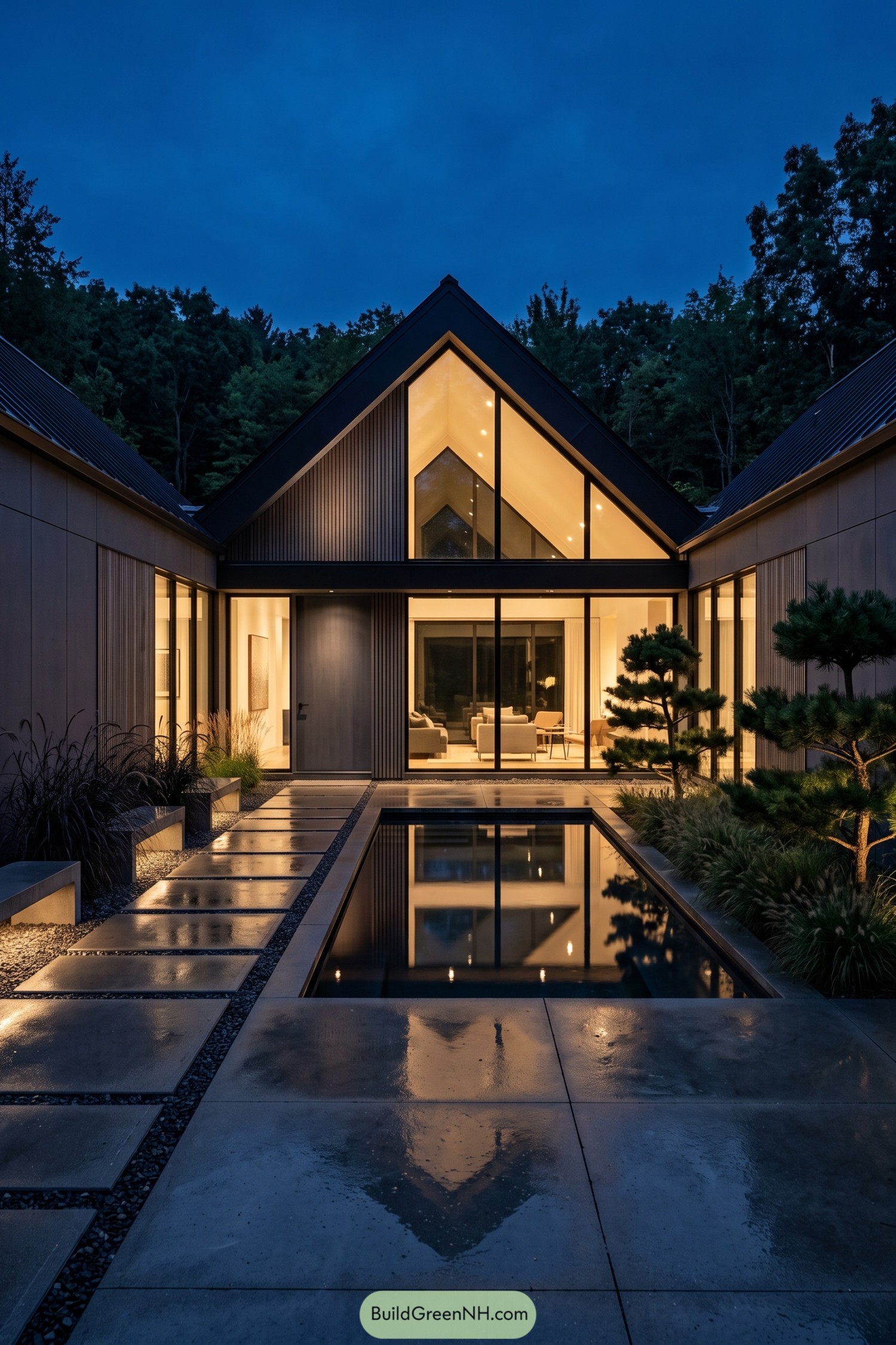 Gray modern barn home with glowing gable glazing and reflecting pool