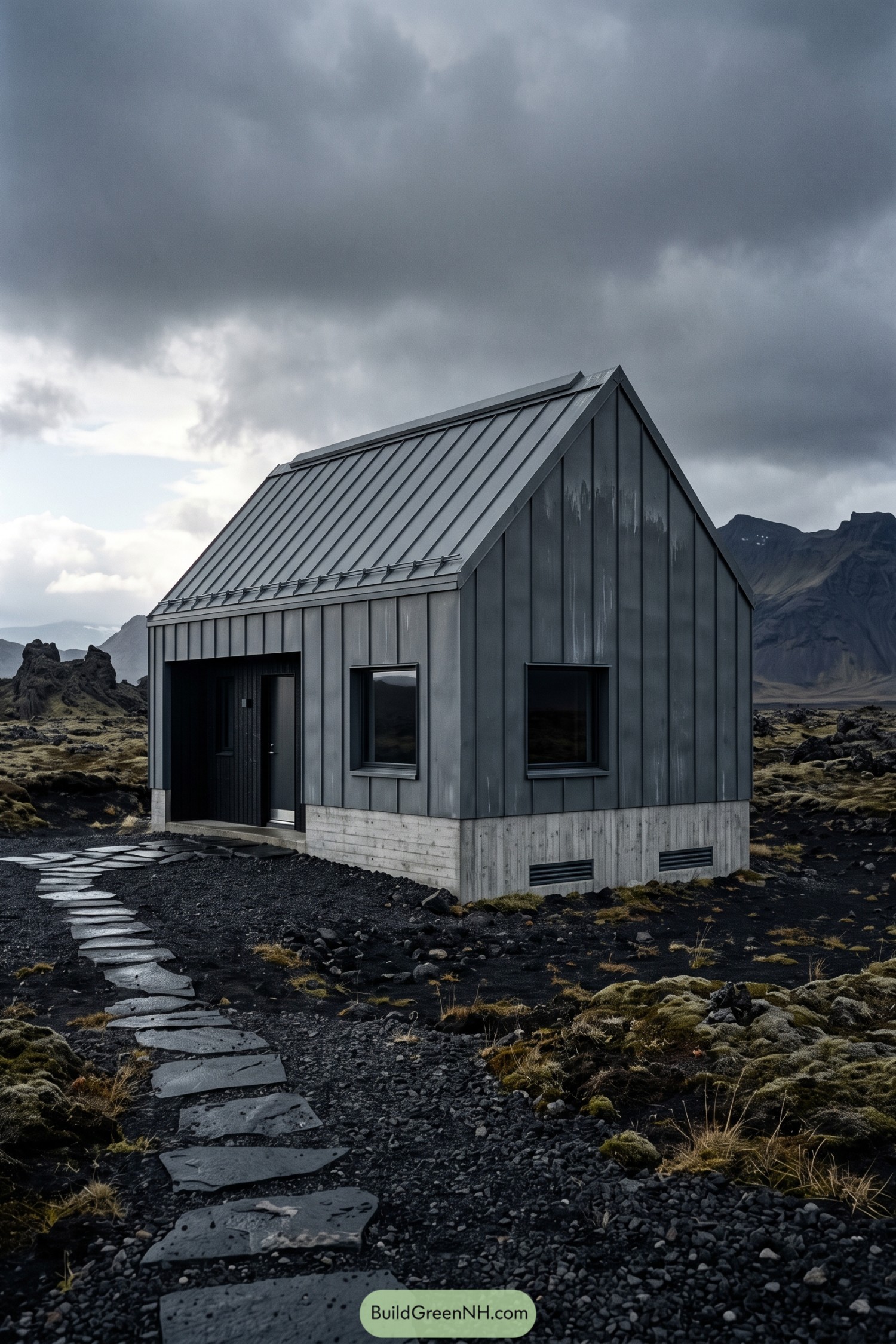 Charcoal barn house on a volcanic plain beneath storm clouds