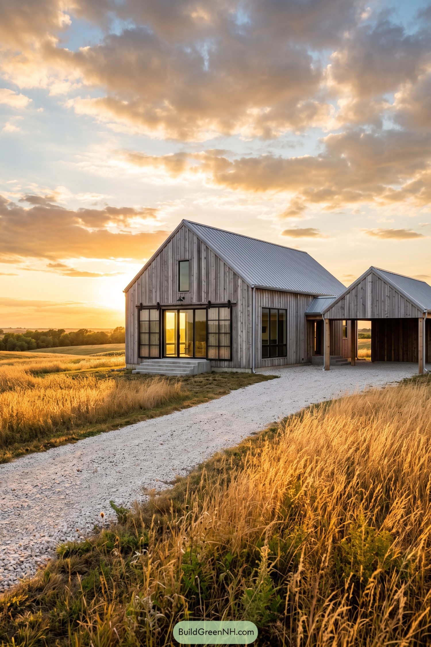 Gray timber barn house with twin gables at sunset