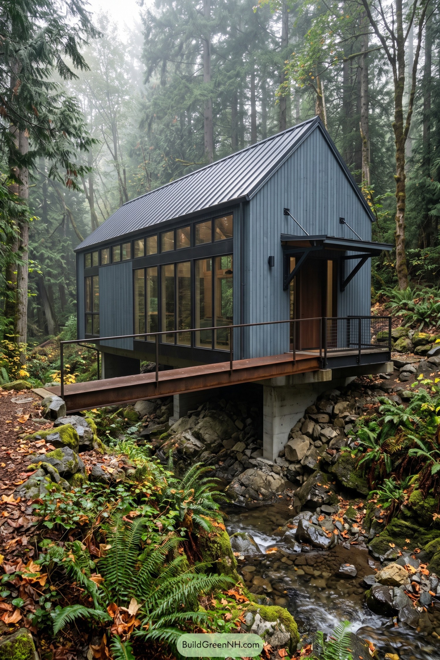 Gray barn house spanning a forest creek