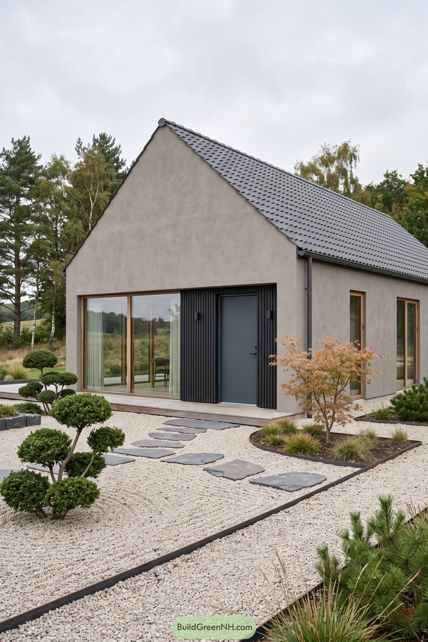 Gray gable house with black entry screen and gravel garden