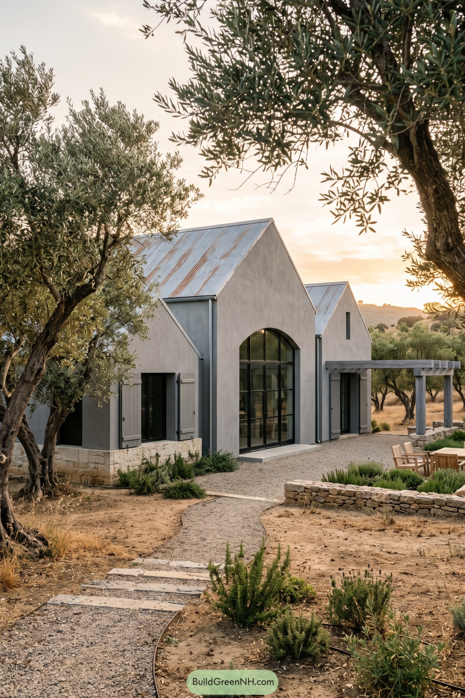 Gray twin gable house among olive trees