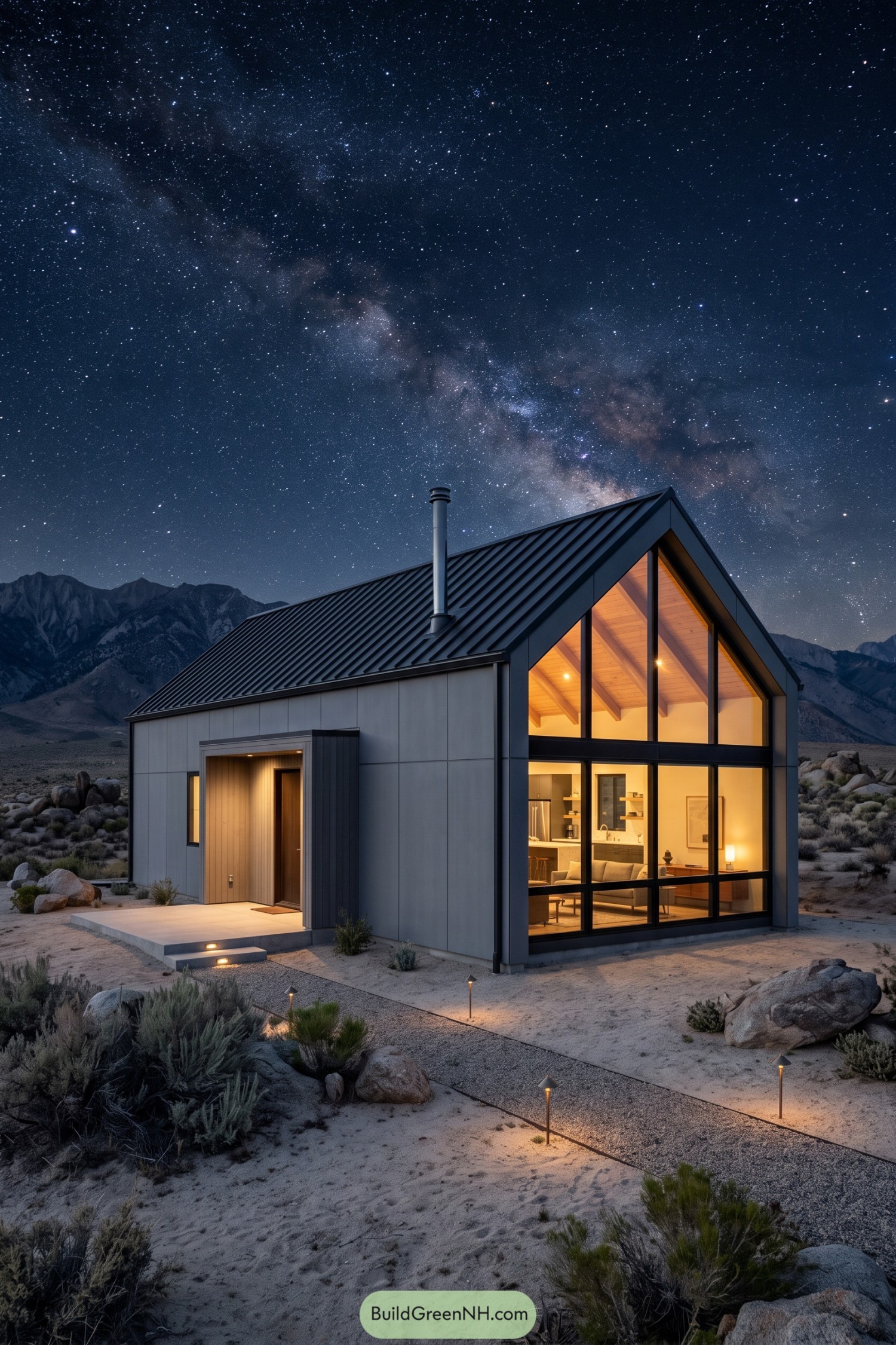 Gray modern barn home with glowing glass gable beneath a star-filled desert sky