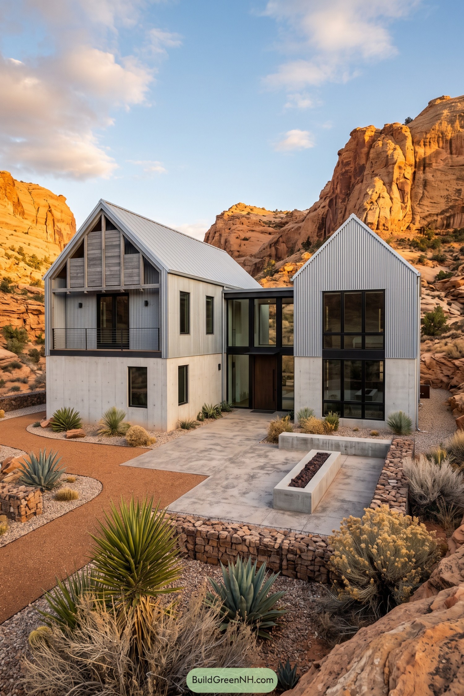 Gray barn house with twin gables in a desert canyon