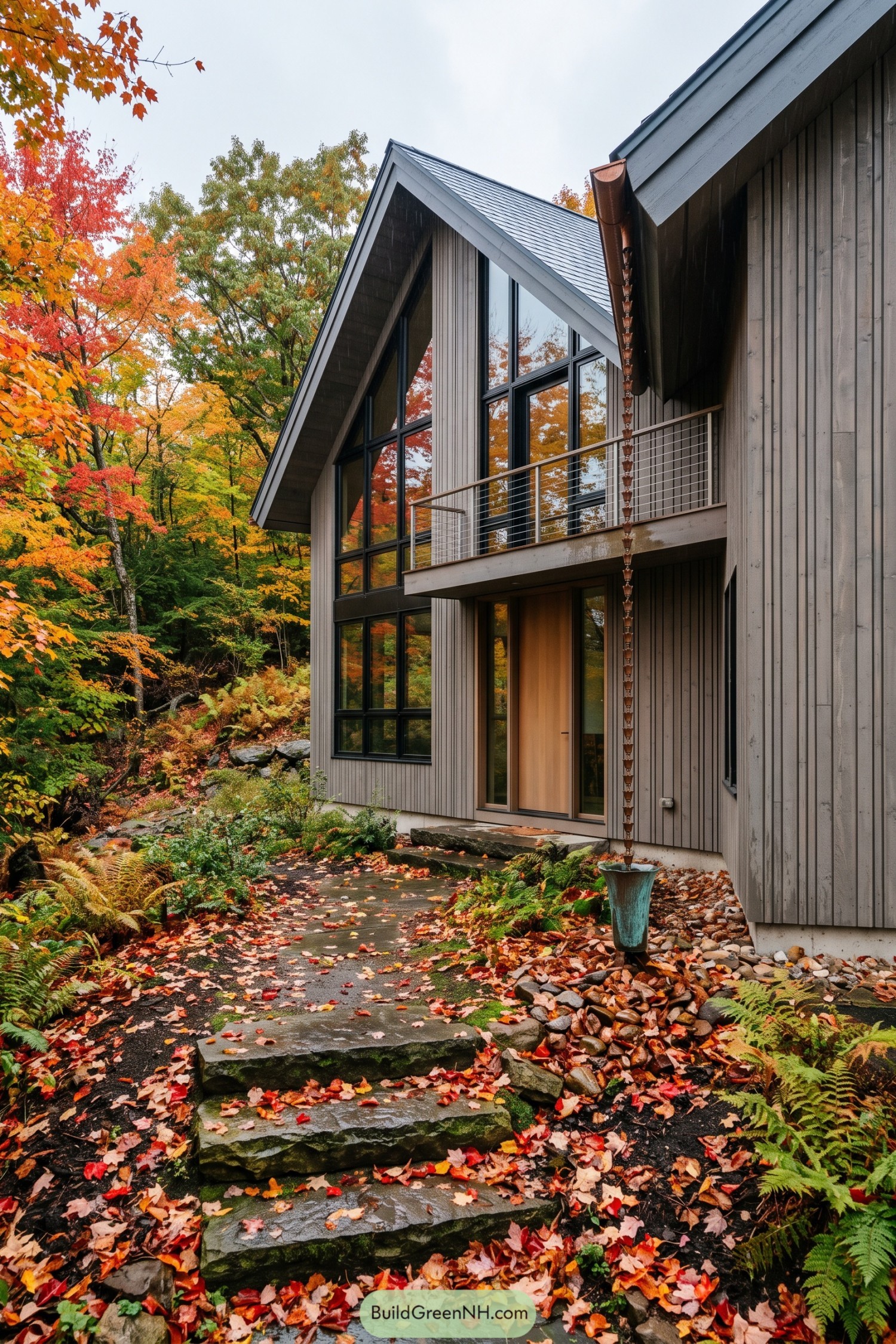 Gray barn style home with tall gable windows in autumn woods