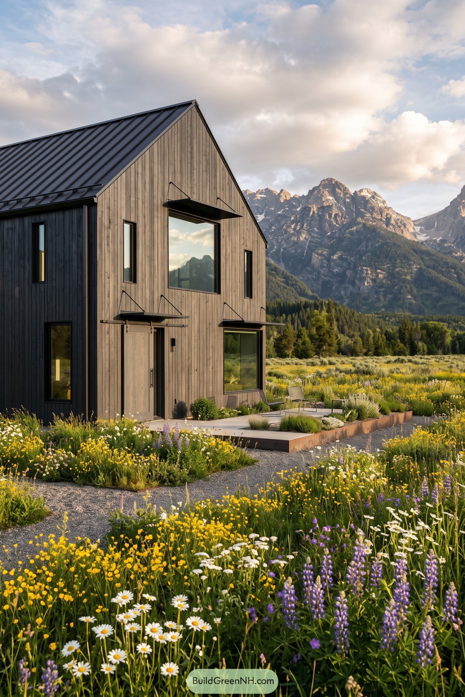 Gray modern barn house beside alpine wildflowers and rugged peaks