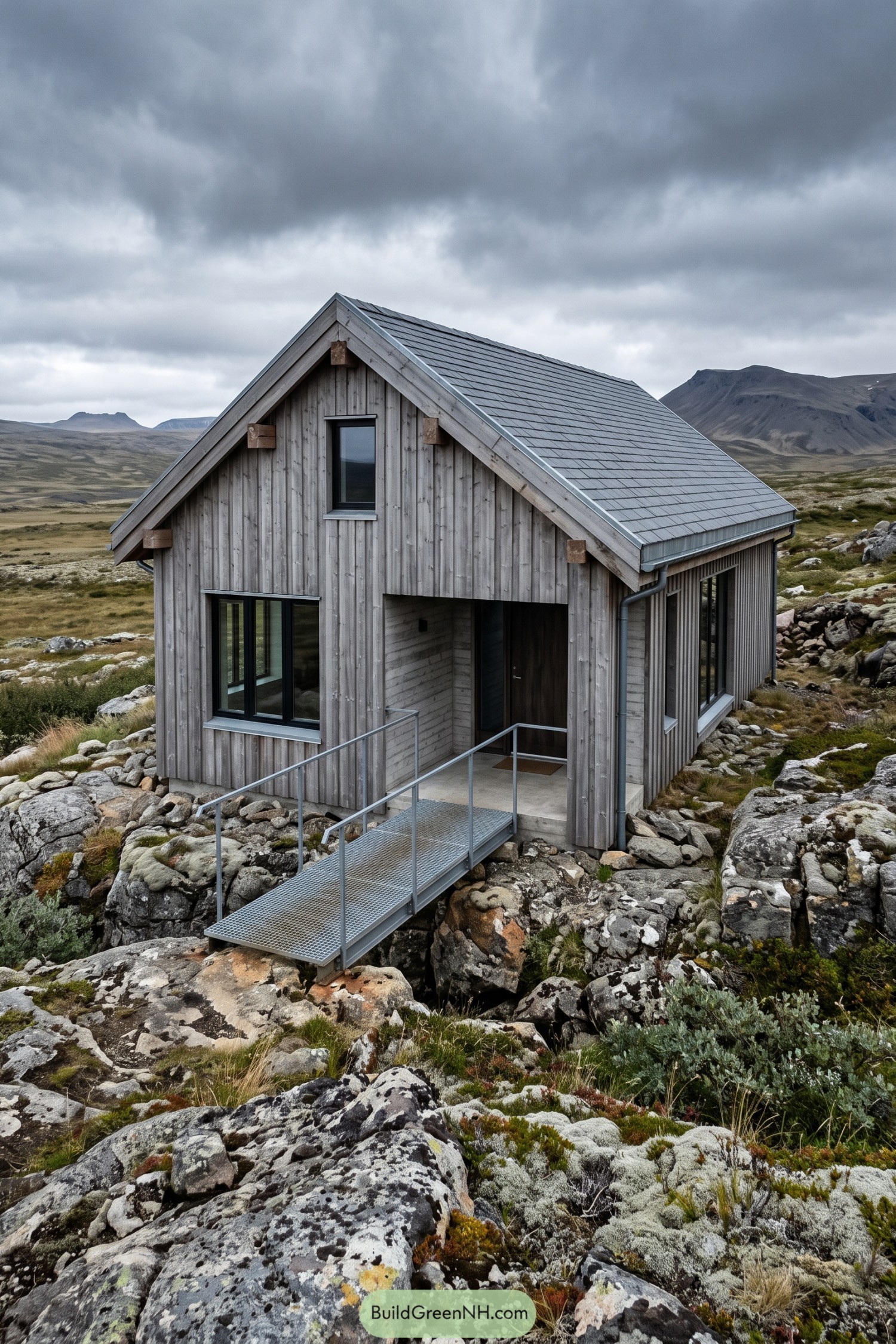 Gray timber barn house with metal entry bridge in rocky highlands