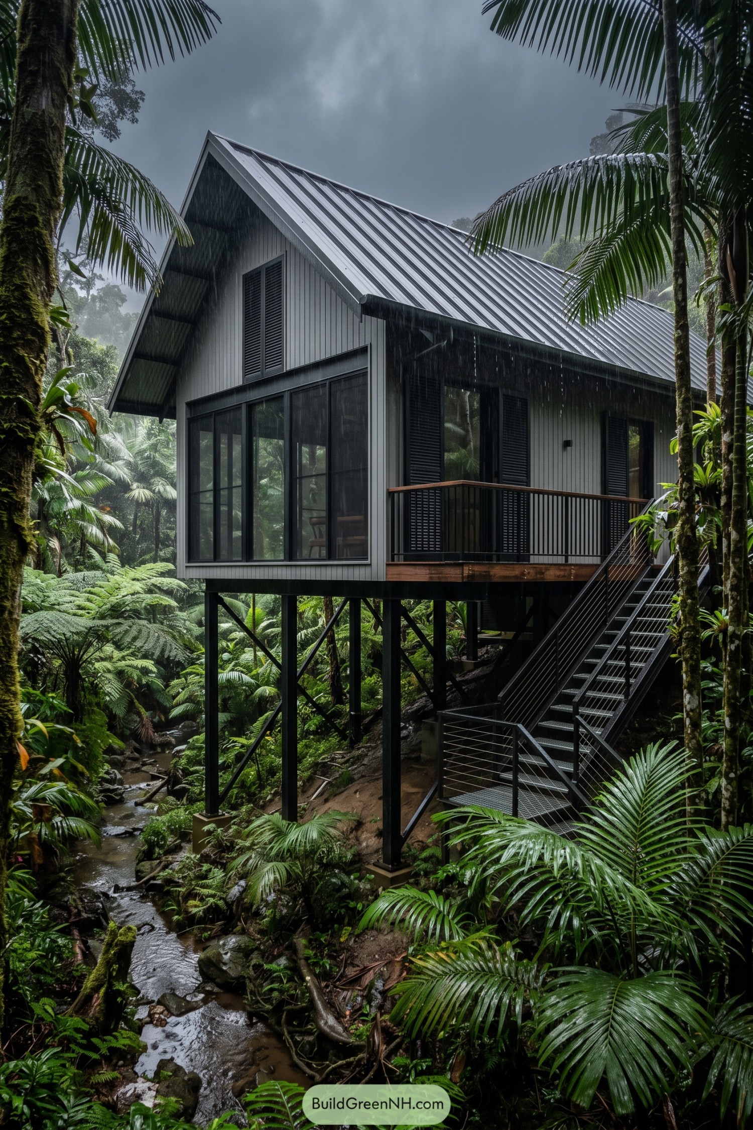 Gray barn style house raised above a tropical stream