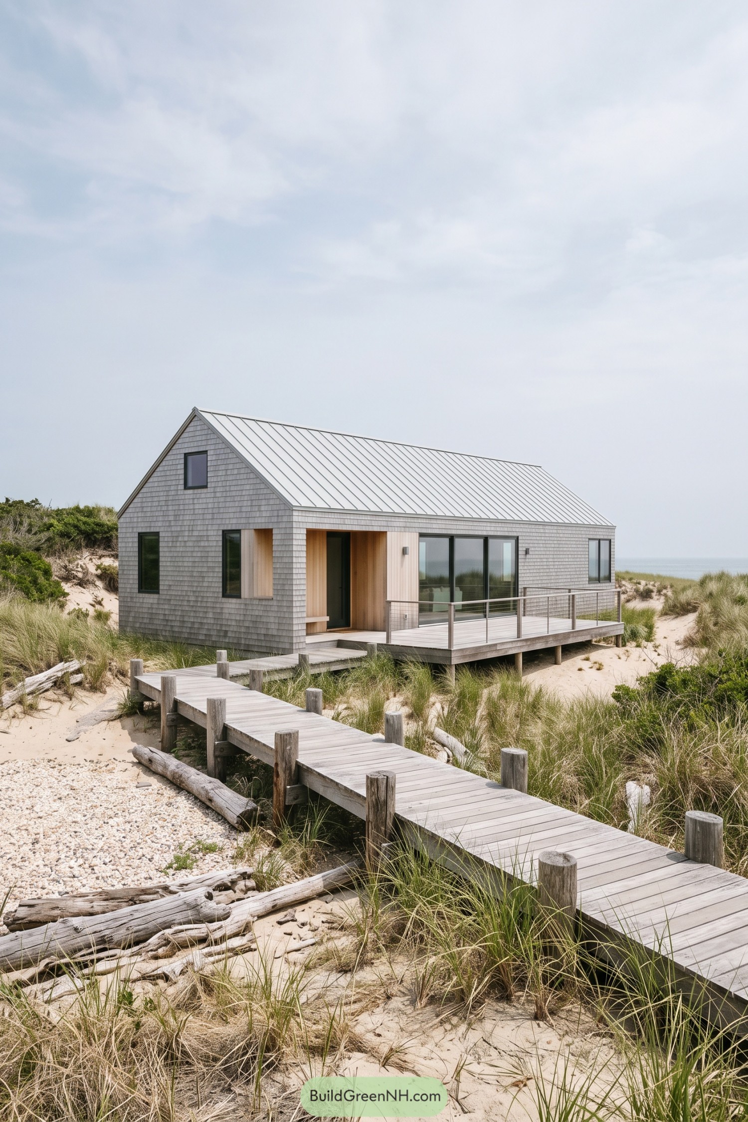 Gray shingle barn house with oceanfront deck and boardwalk