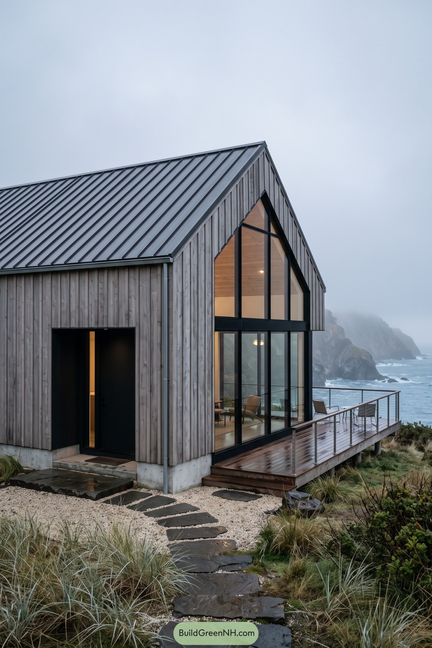Gray barn style house with tall gable windows overlooking a rocky coast