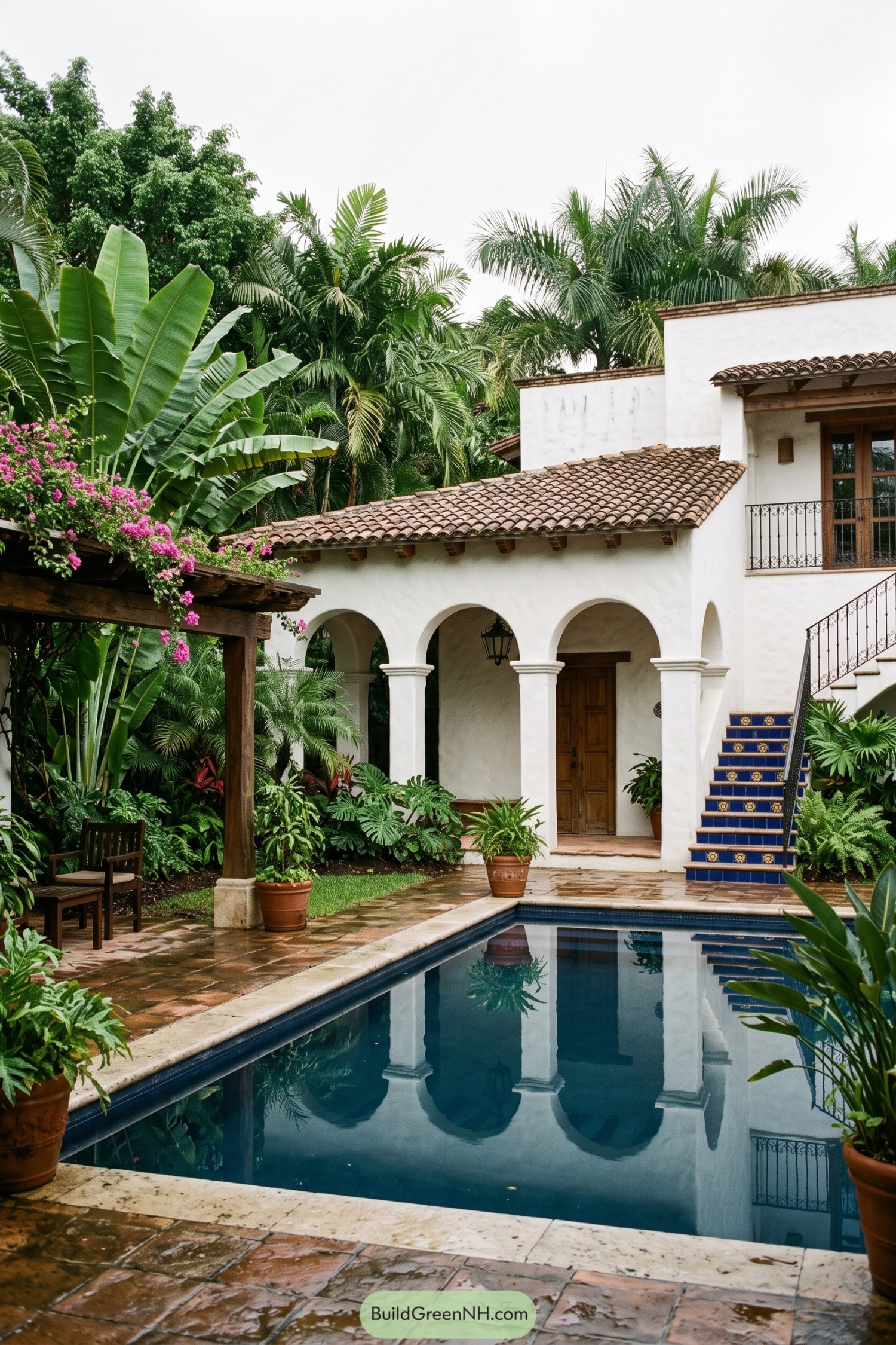 Hacienda pool courtyard with arches and tropical planting