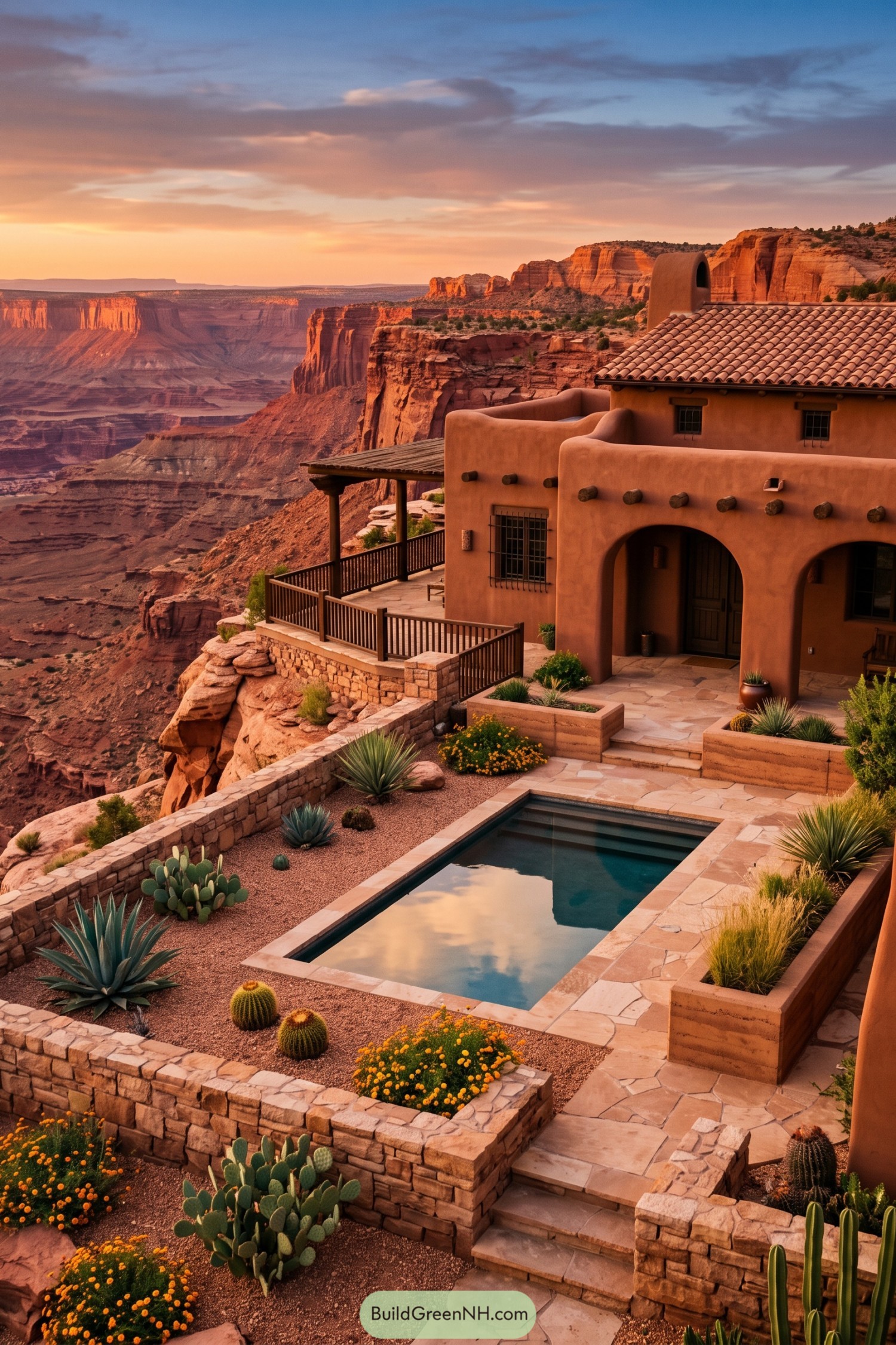 Adobe hacienda backyard with a plunge pool overlooking red canyon cliffs