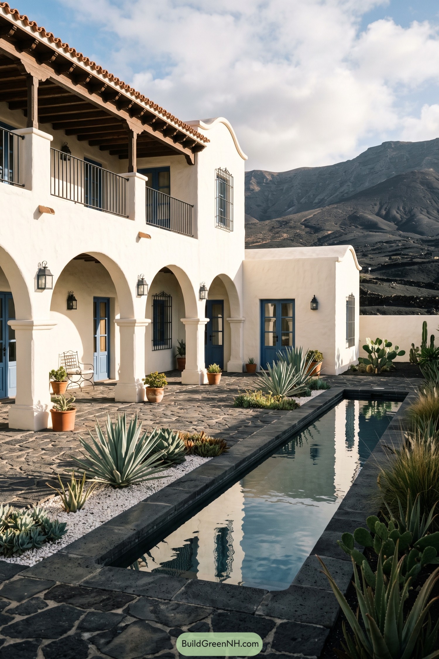 White hacienda courtyard with a narrow pool and mountain view