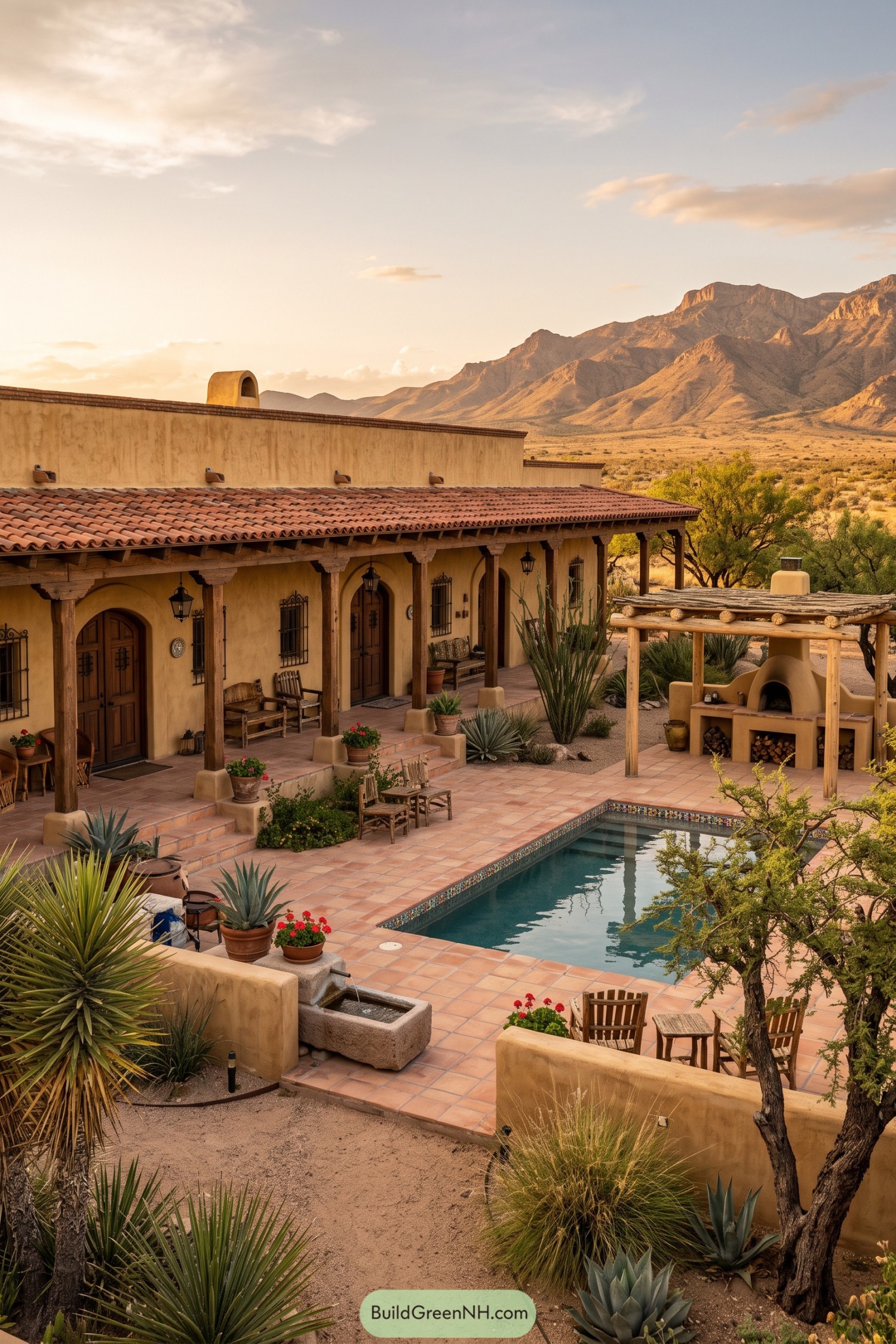 Terracotta hacienda patio with pool pergola and mountain views