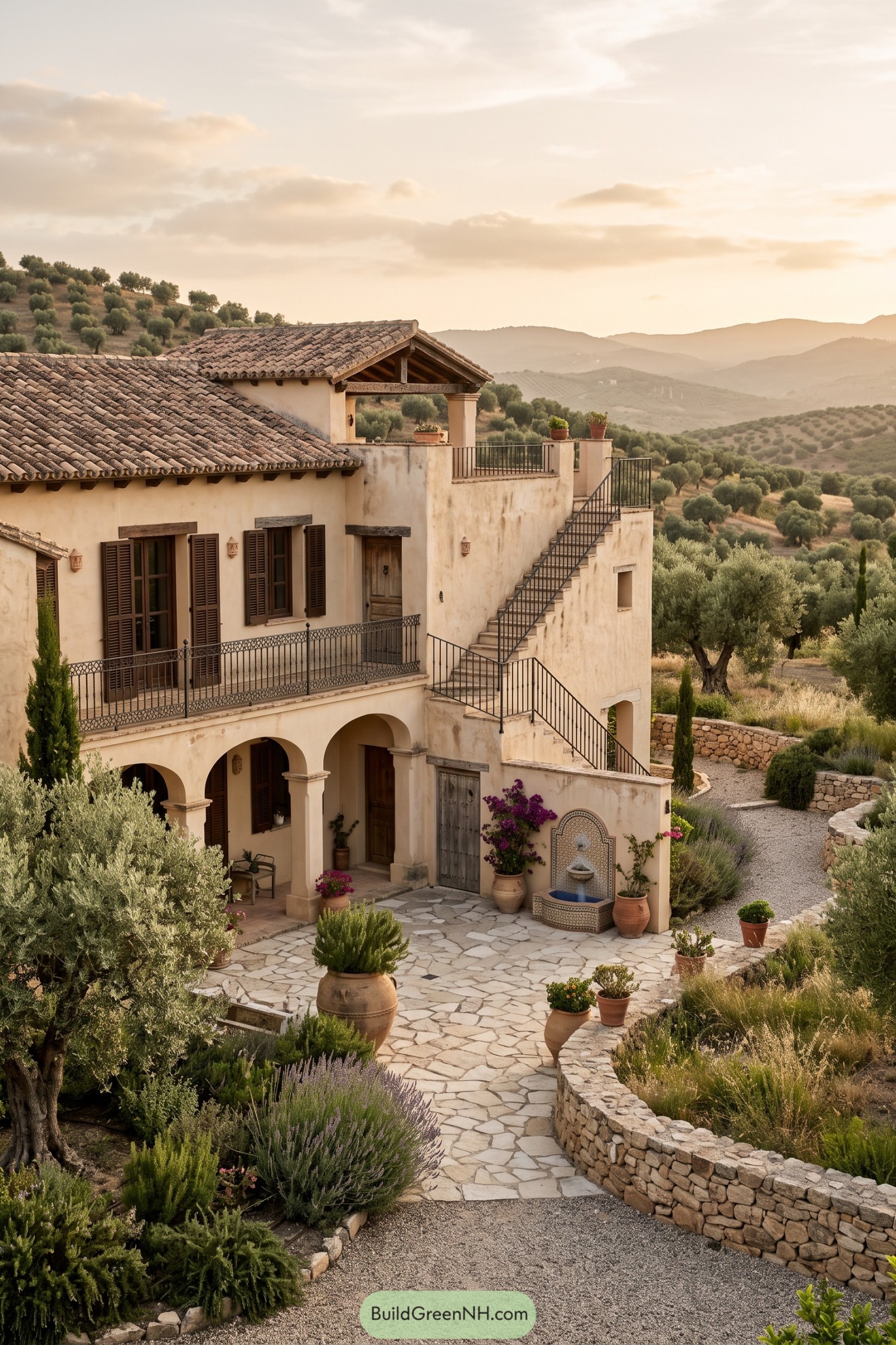 Terraced hacienda courtyard overlooking an olive grove