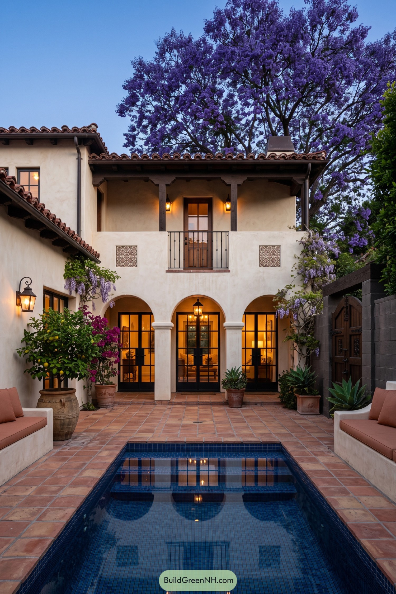 Blue tiled plunge pool beneath a flowering jacaranda beside an arched hacienda