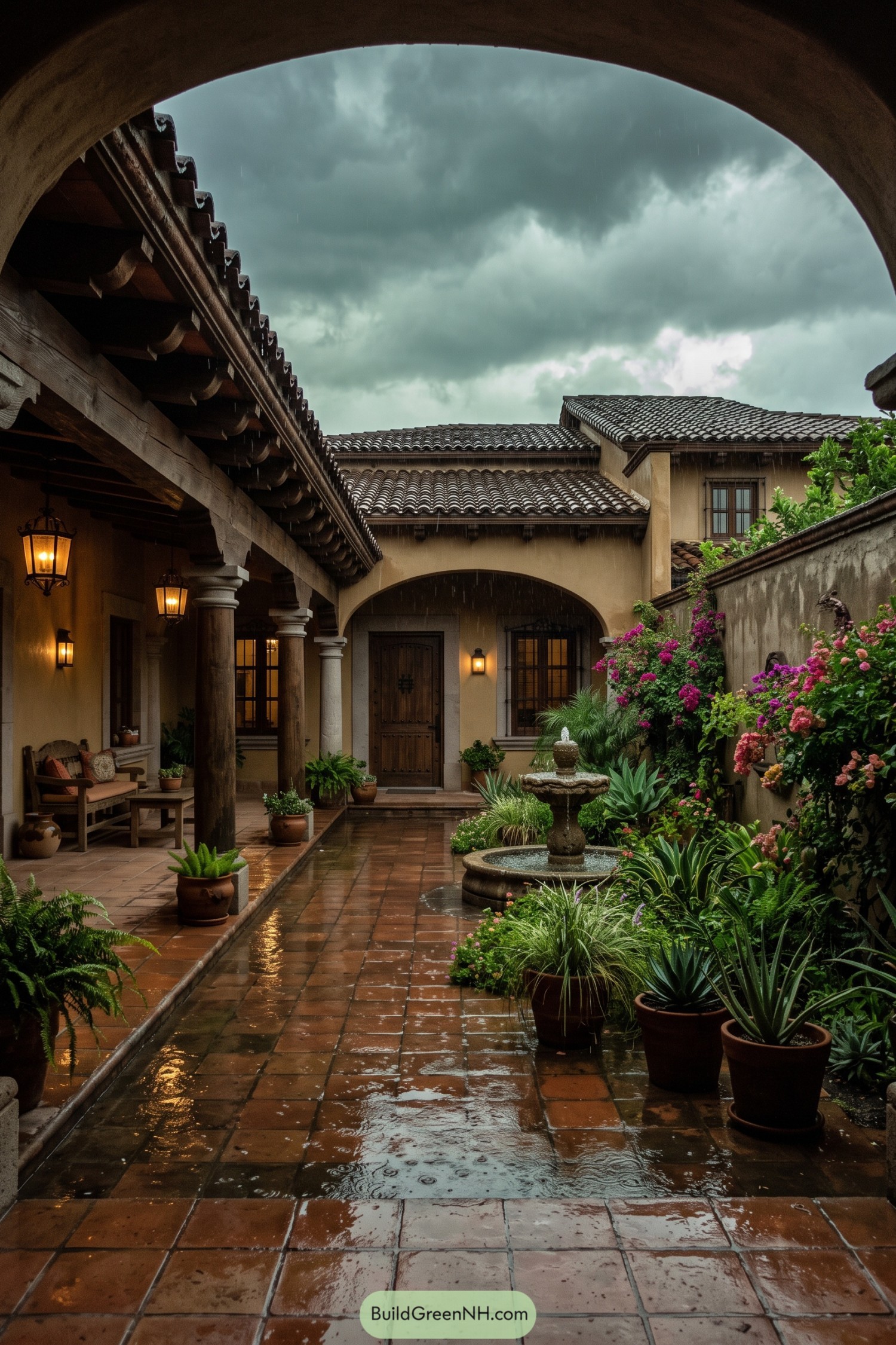 Rainy hacienda courtyard with fountain lanterns and flowering plants