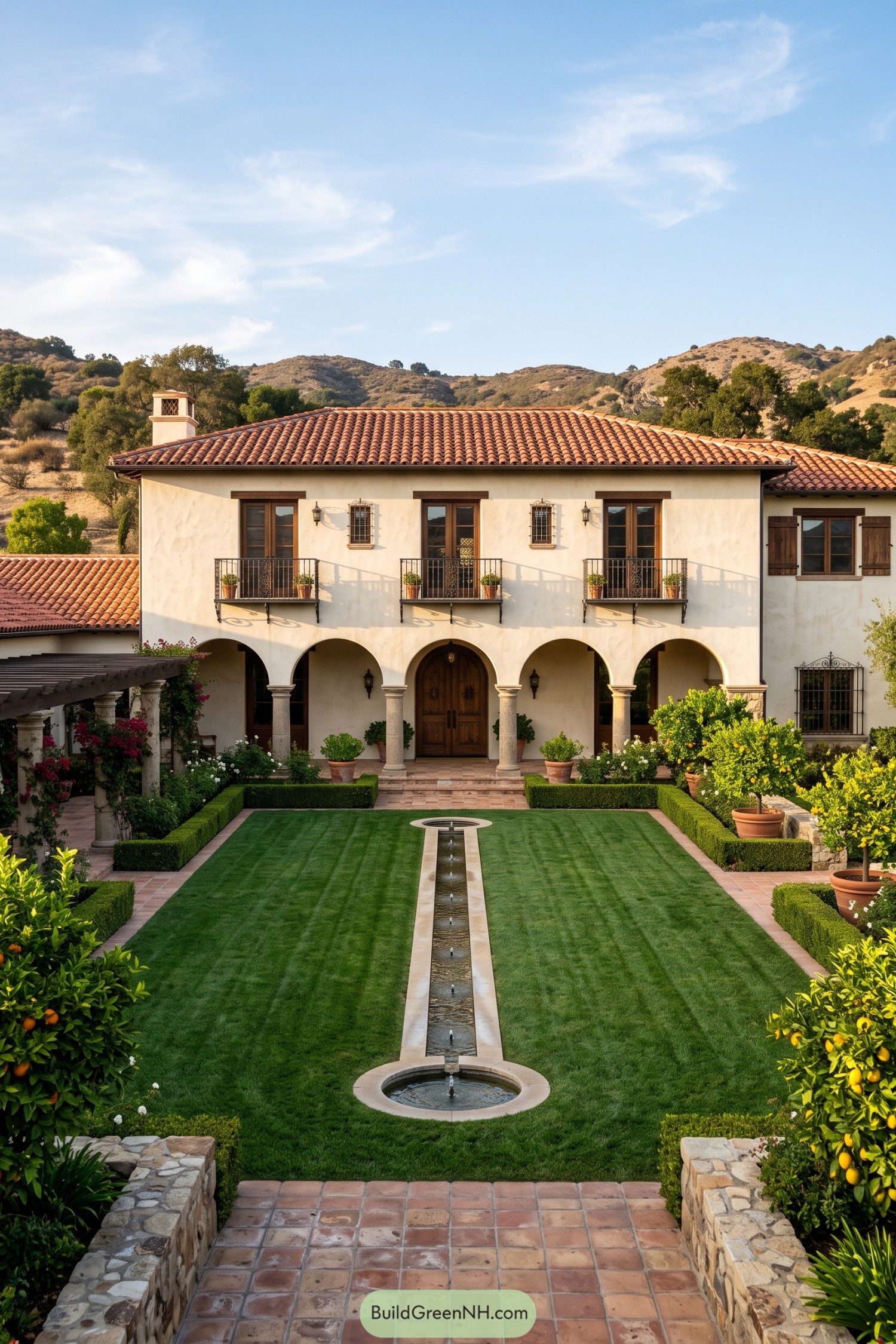 Formal hacienda courtyard with citrus trees and a central water rill