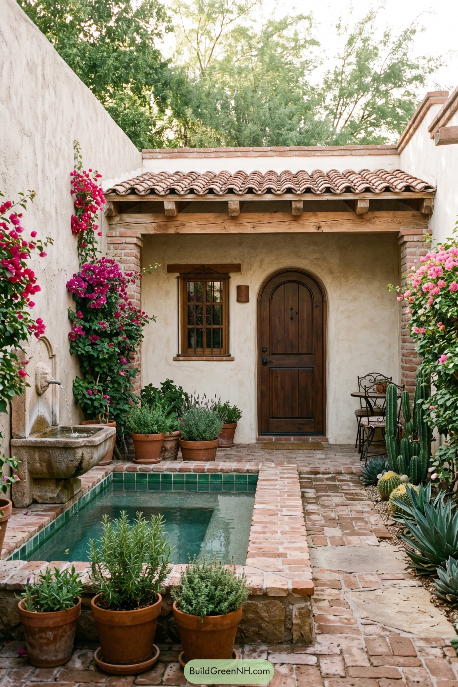 Brick-lined plunge pool with fountain and flowering hacienda courtyard