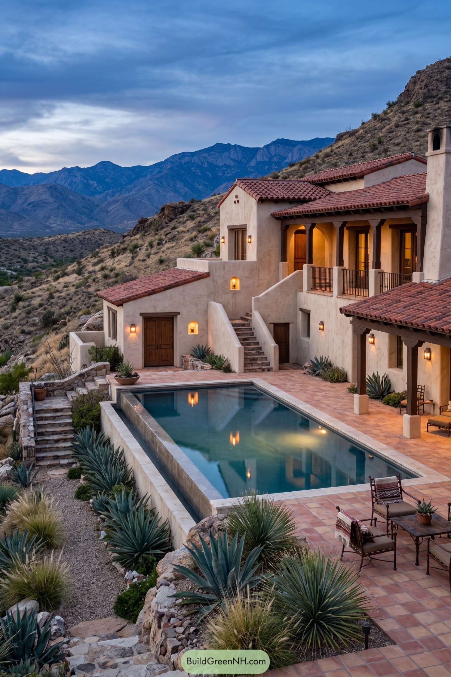 Hacienda pool terrace overlooking rugged mountains at dusk