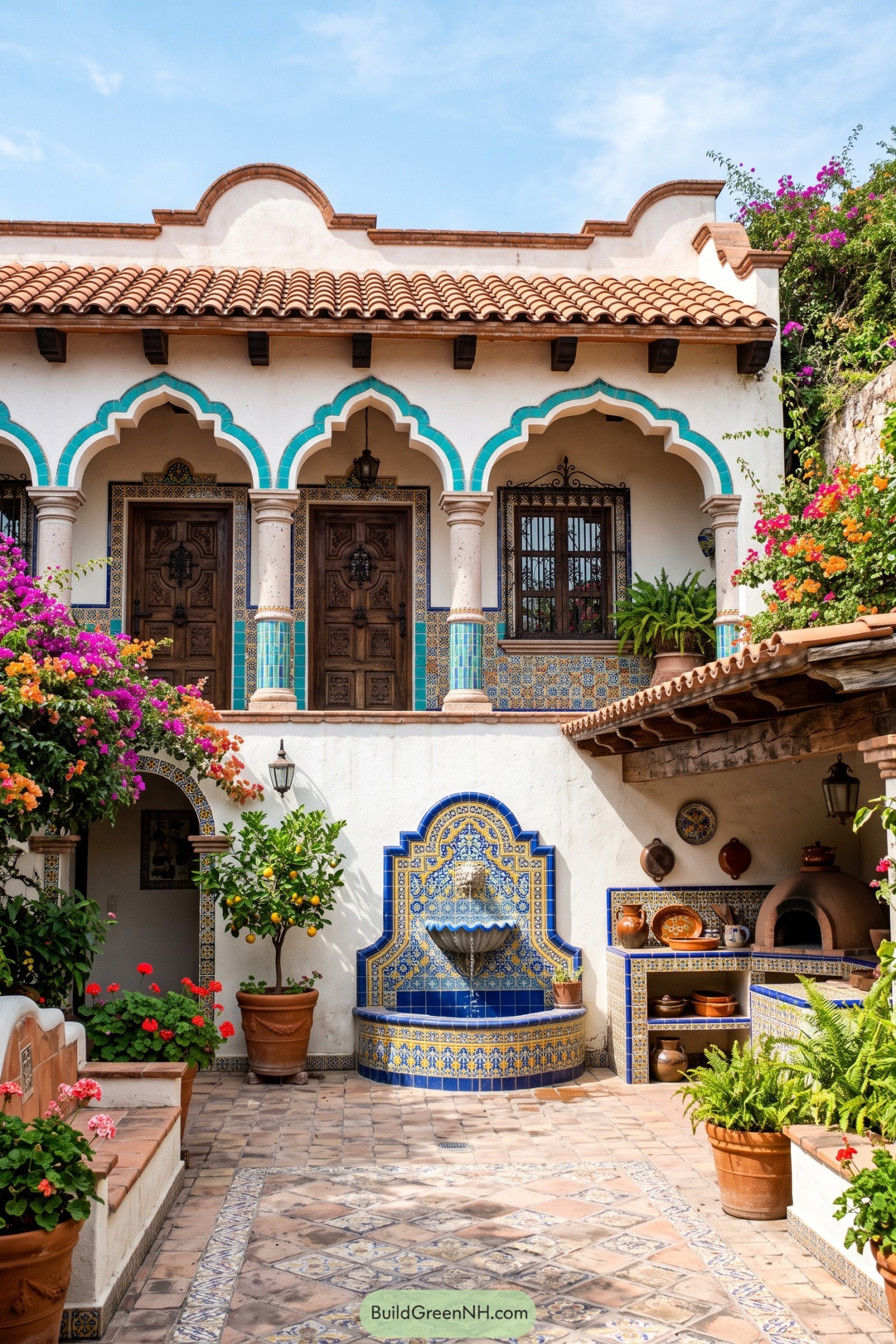 Tile fountain and outdoor kitchen in a flowering hacienda courtyard