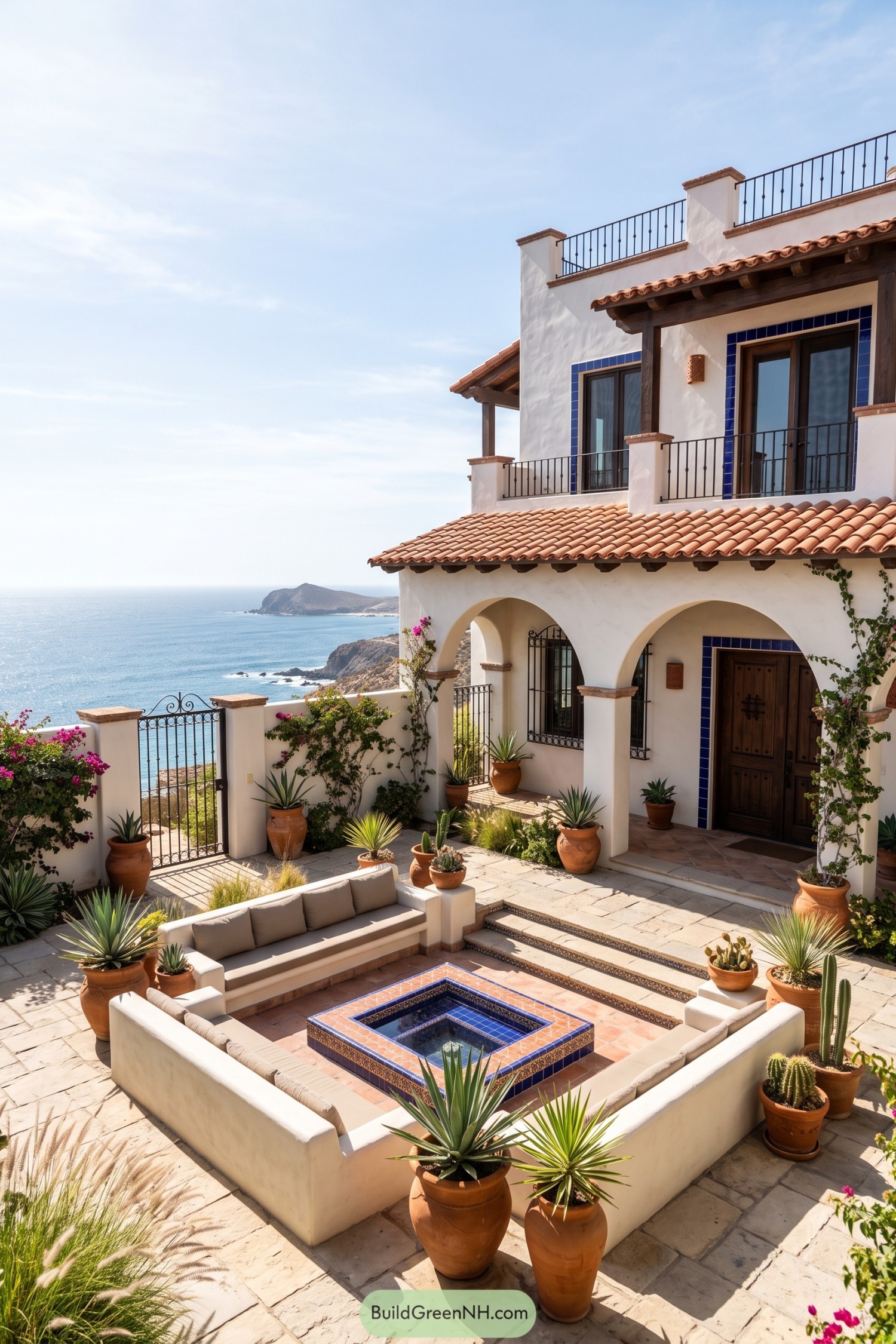 Coastal hacienda courtyard with tiled fountain and ocean views