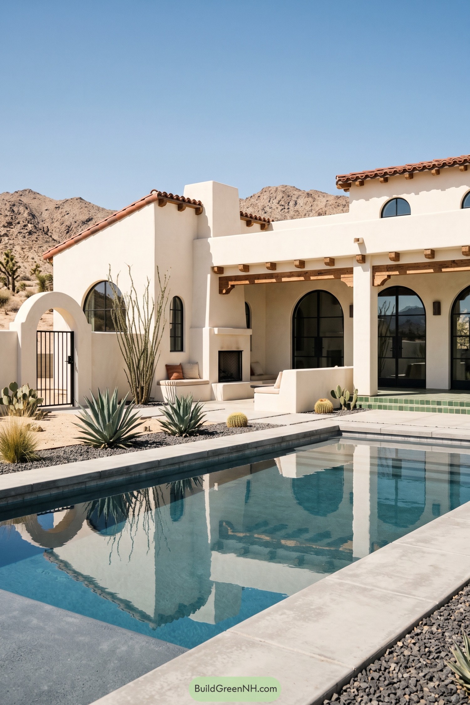 Desert hacienda patio with pool and arched windows