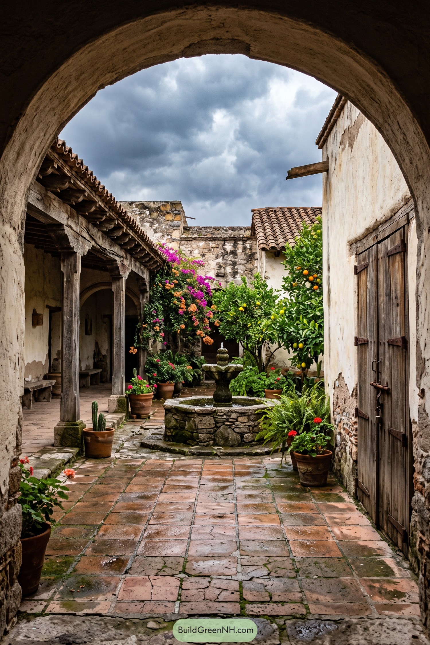 Arched hacienda courtyard with citrus trees and a stone fountain