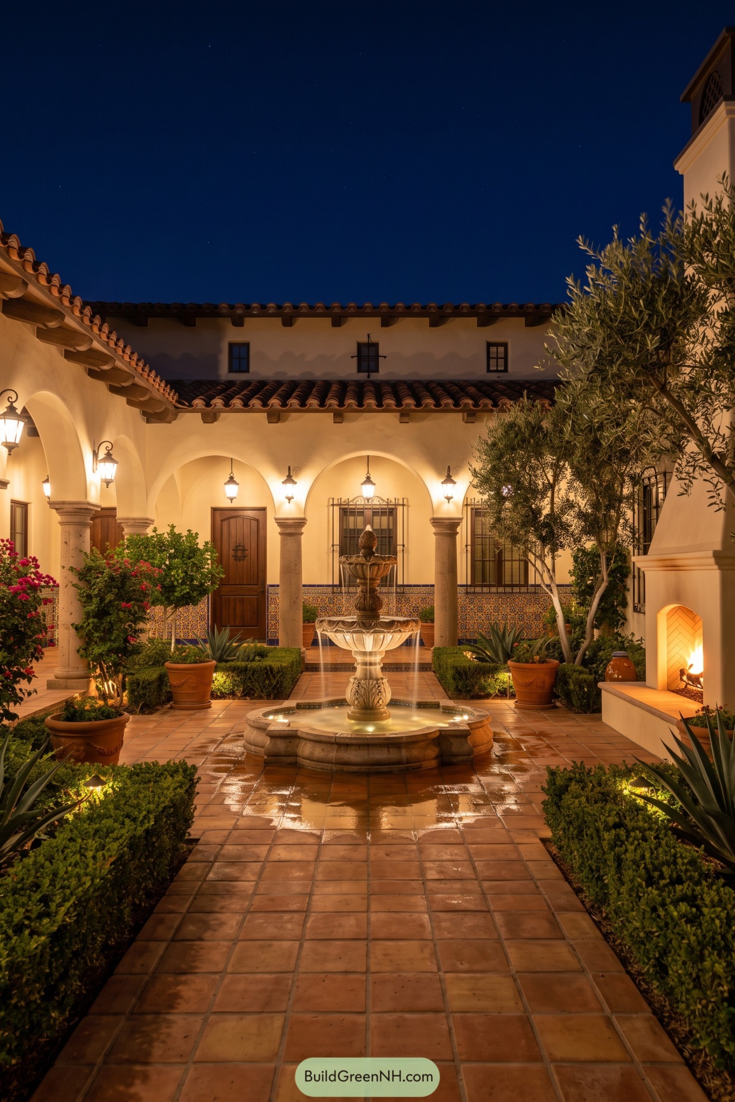 Illuminated hacienda courtyard with stone fountain and arched colonnade
