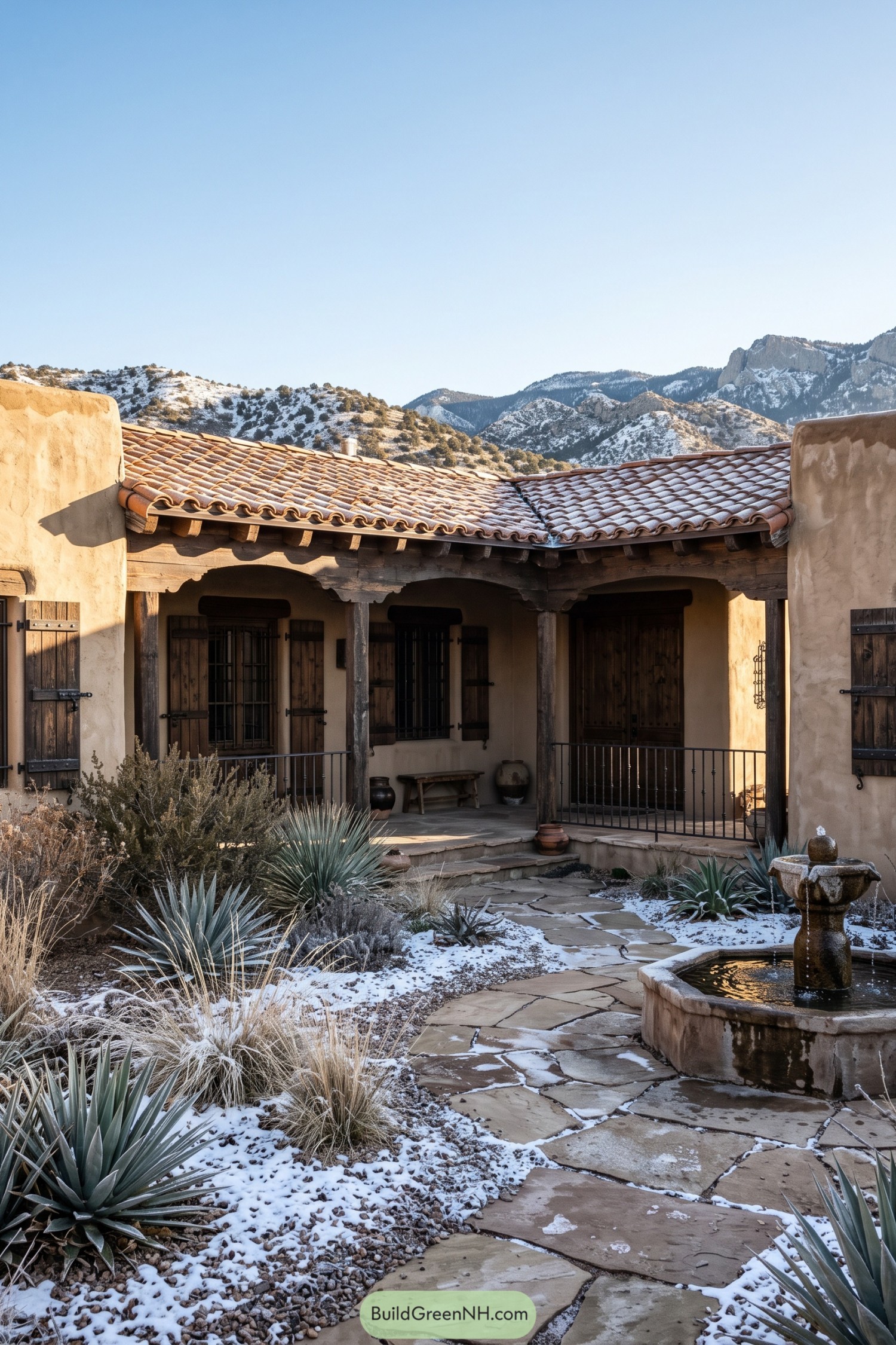 Snow-dusted adobe courtyard with fountain and mountain views