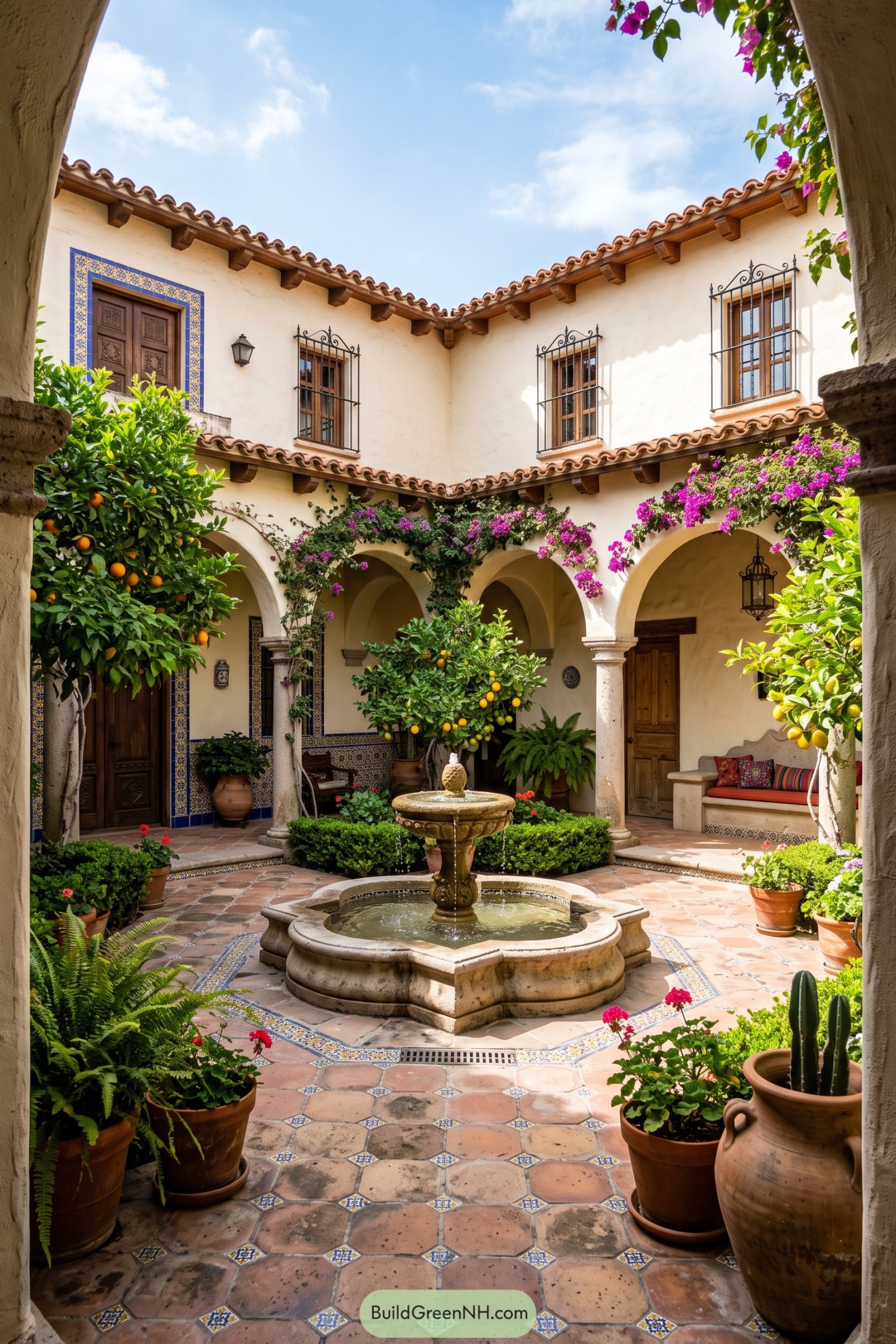 Spanish courtyard with a carved stone fountain citrus trees and tiled floors