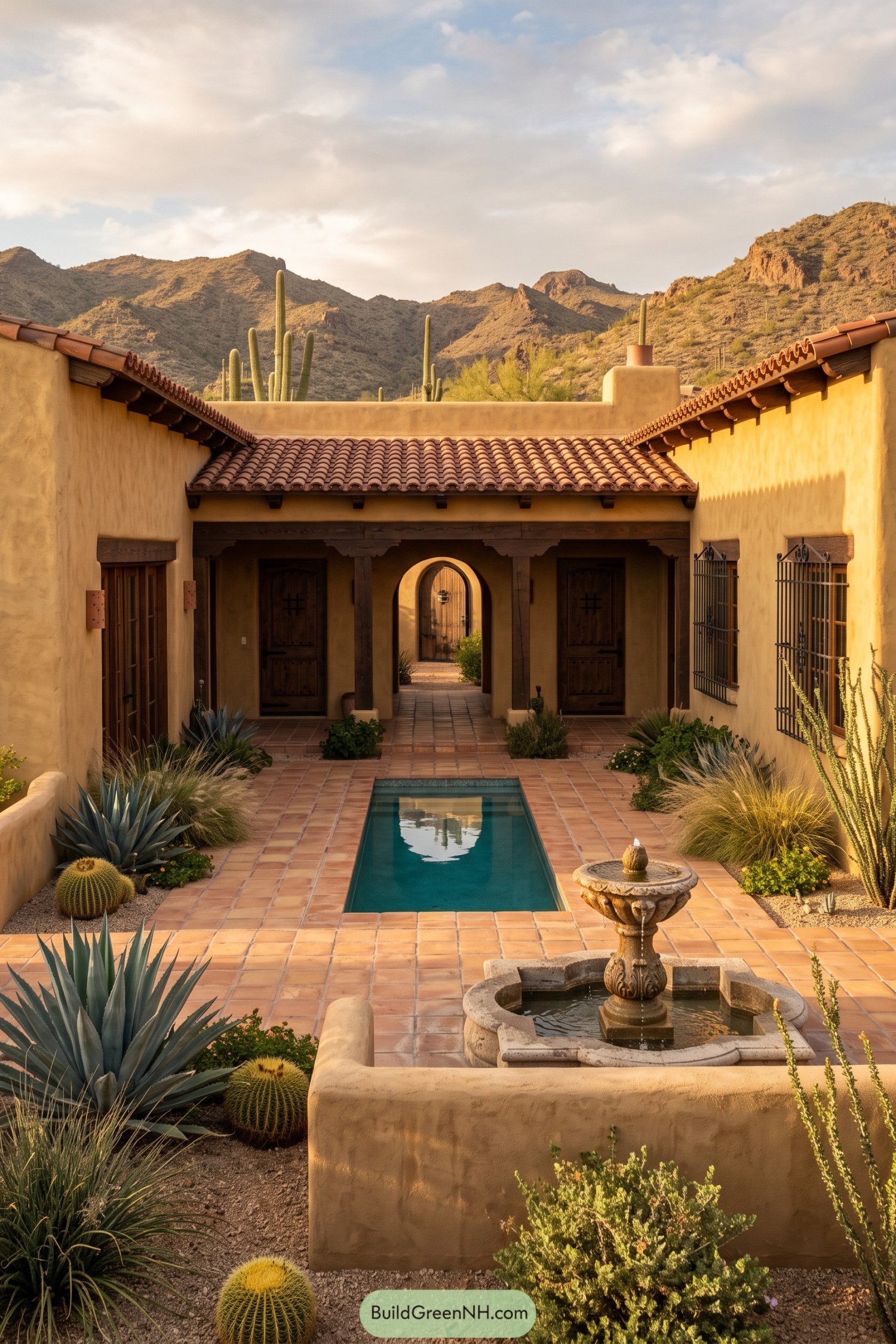 Hacienda courtyard with tiled pool fountain and desert plants