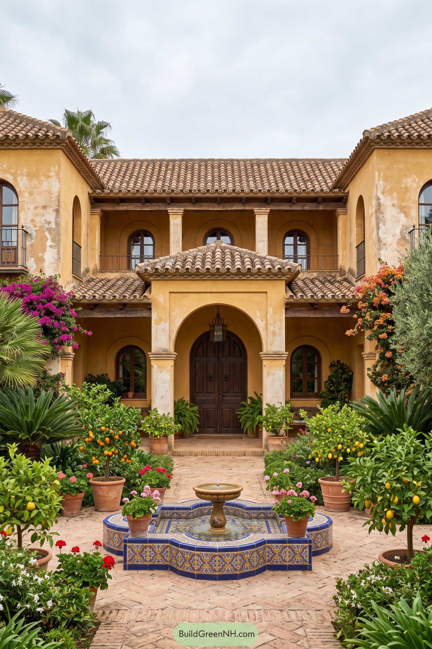 Two-story hacienda with tiled fountain courtyard