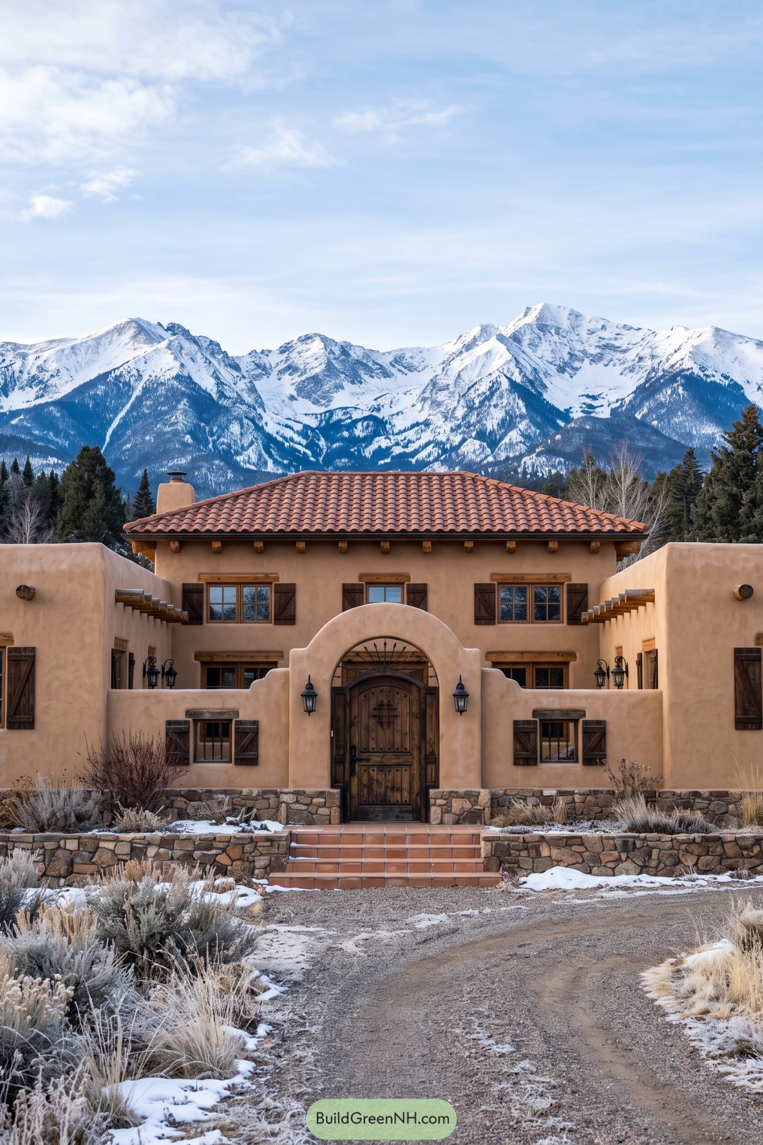 Adobe hacienda with a tiled roof beneath snowy mountains