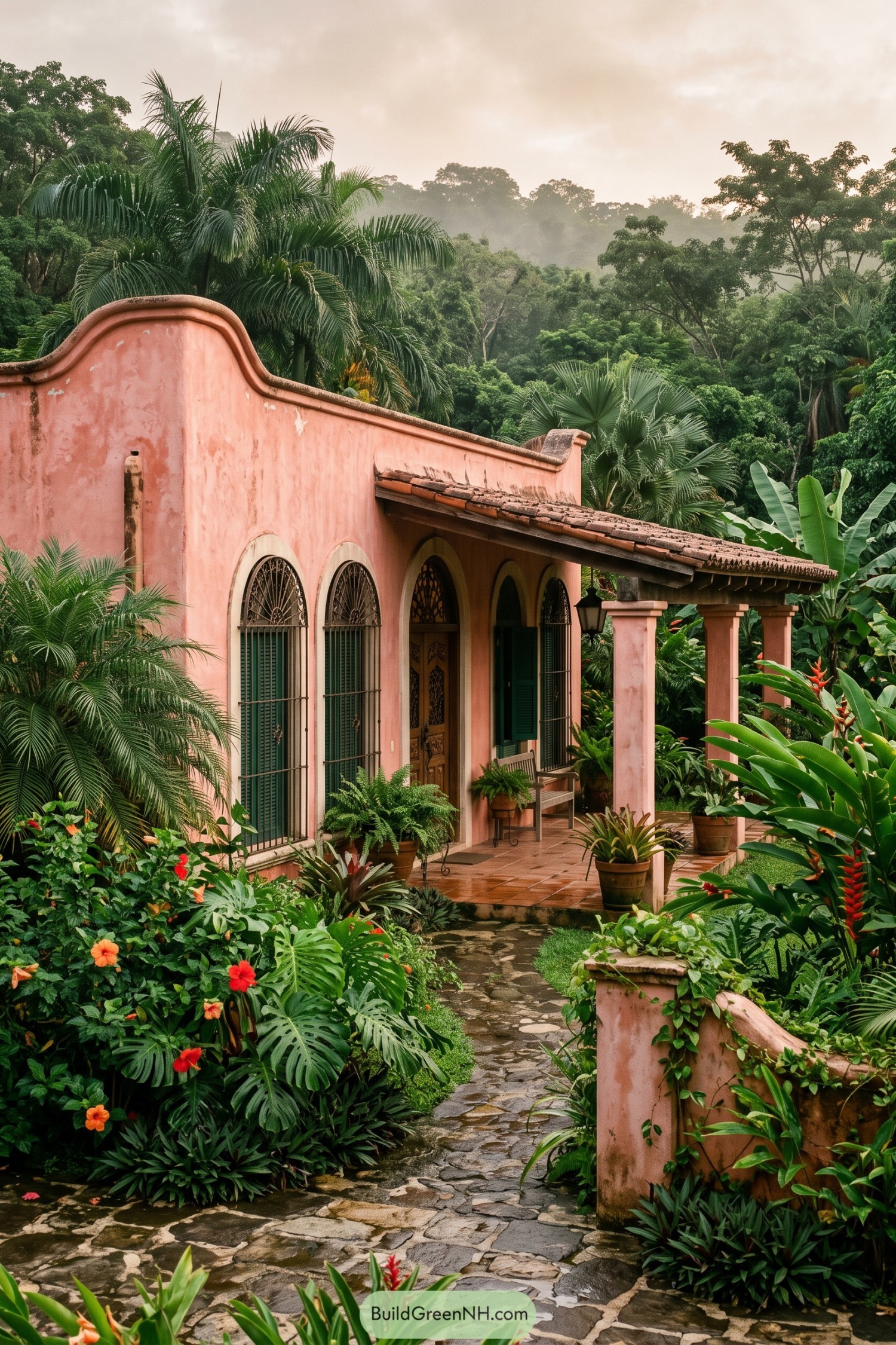 Pink hacienda with arched windows in a tropical garden