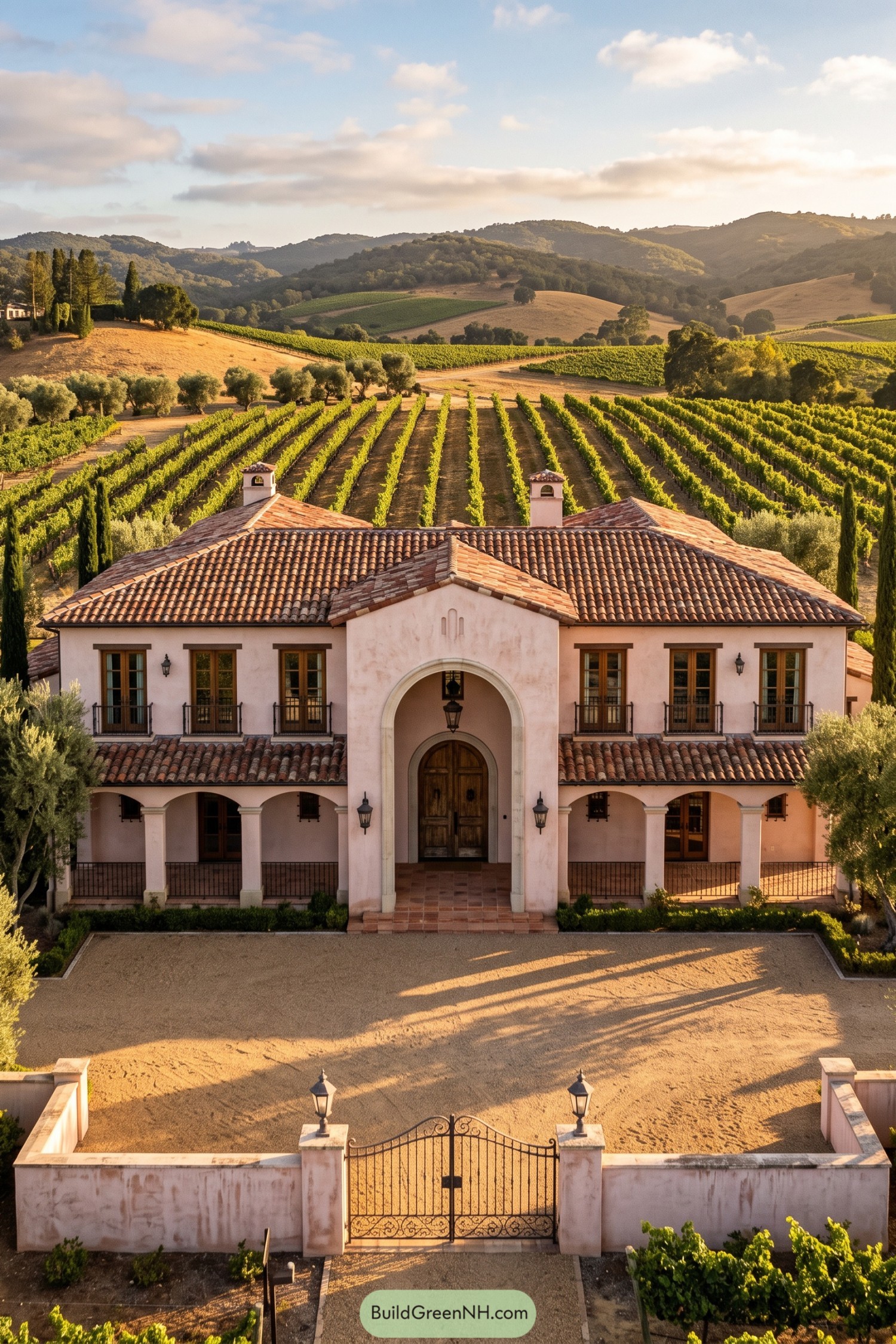 Pink stucco hacienda overlooking vineyard rows and rolling hills