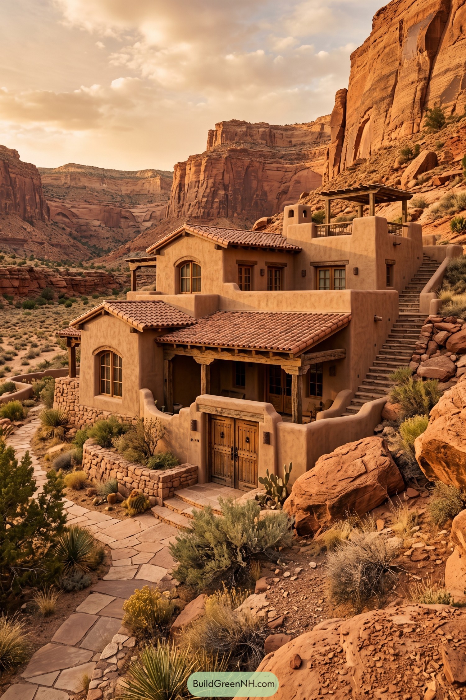 Adobe hacienda with tiled roofs nestled beneath canyon cliffs