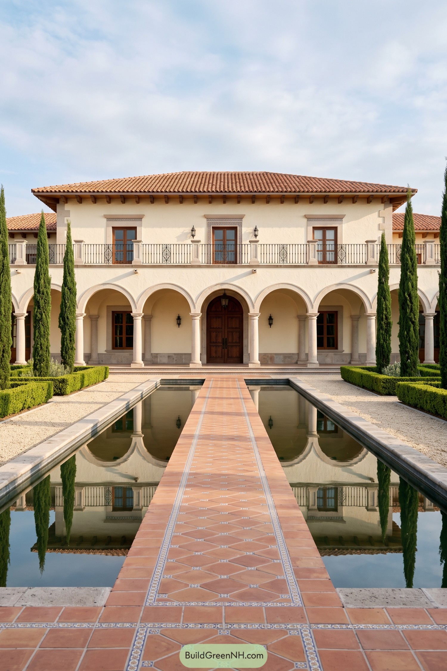 Two-story hacienda with arcades cypress trees and reflecting pool
