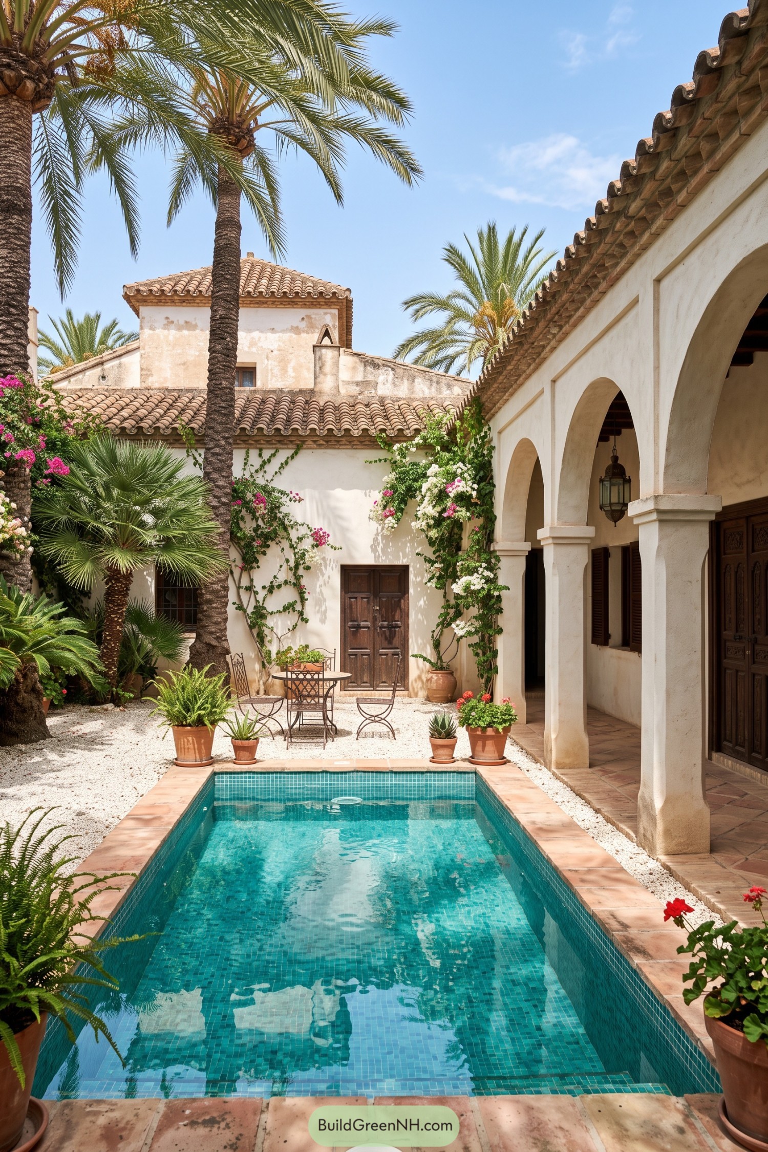 Tile-lined courtyard pool beside arched stucco colonnades and palms