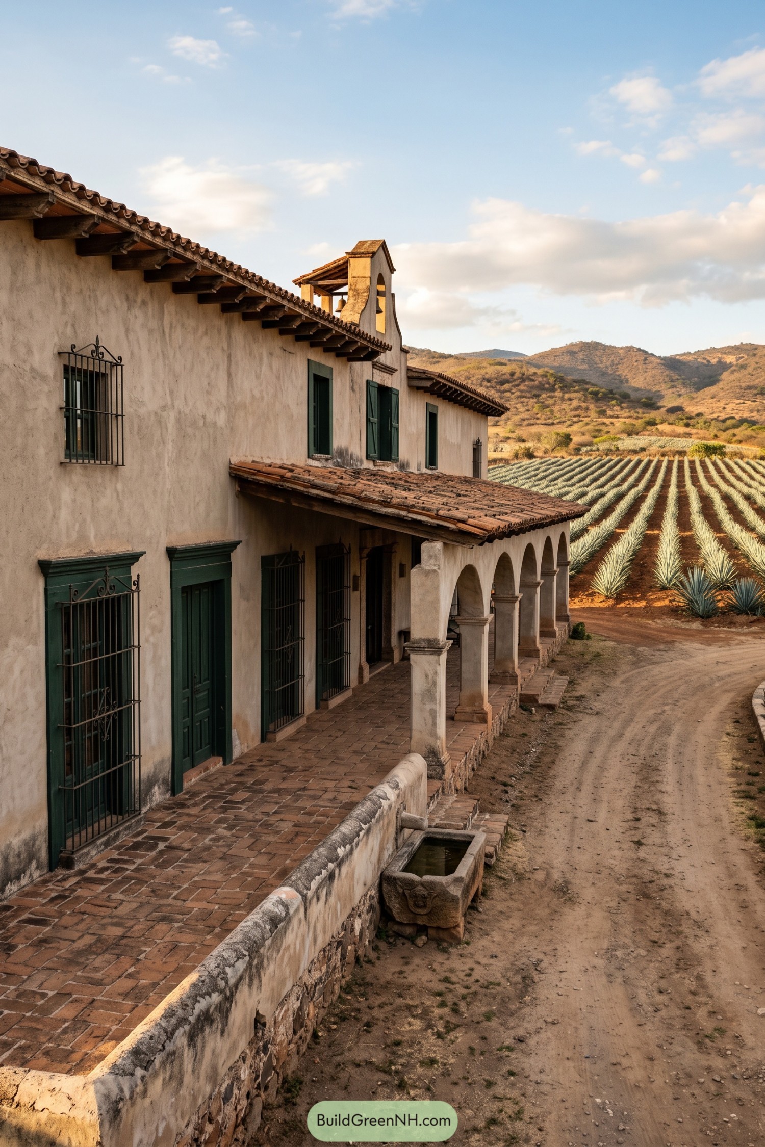 Stucco hacienda with green shutters beside agave fields
