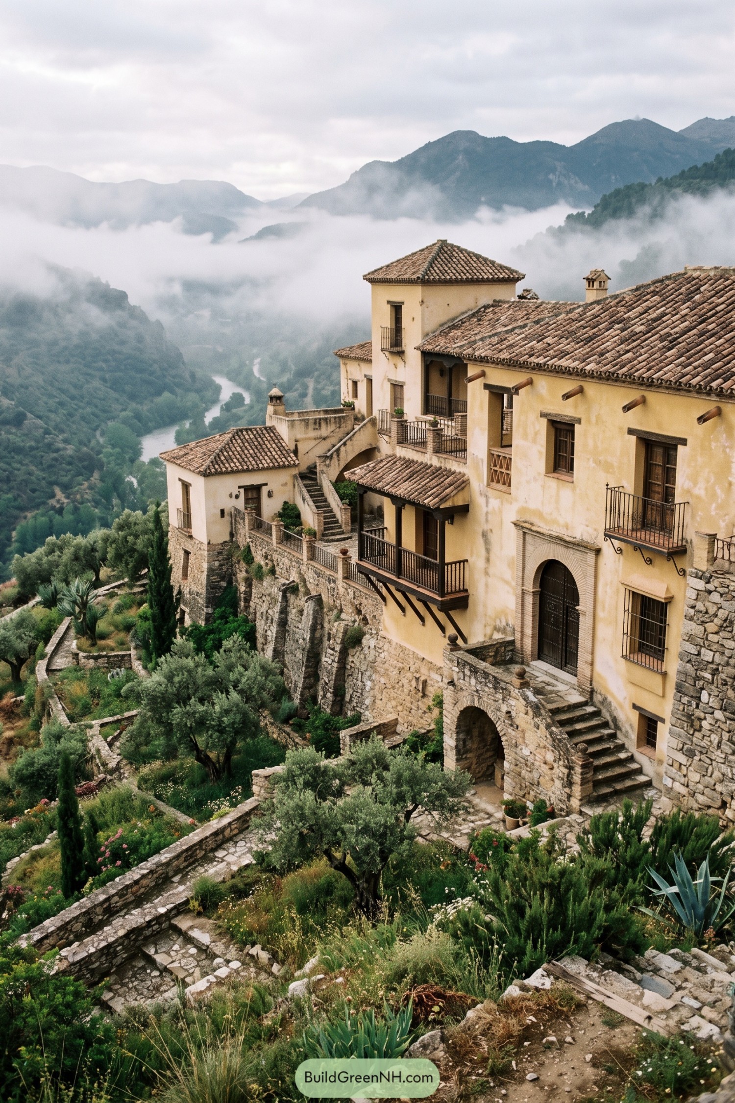 Hillside hacienda with terracotta roofs above a misty valley
