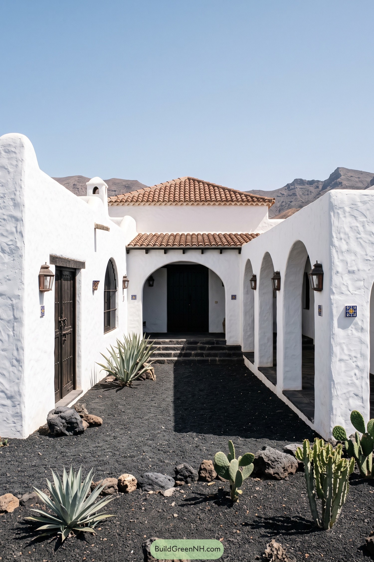 White stucco hacienda with terracotta roof and black volcanic garden