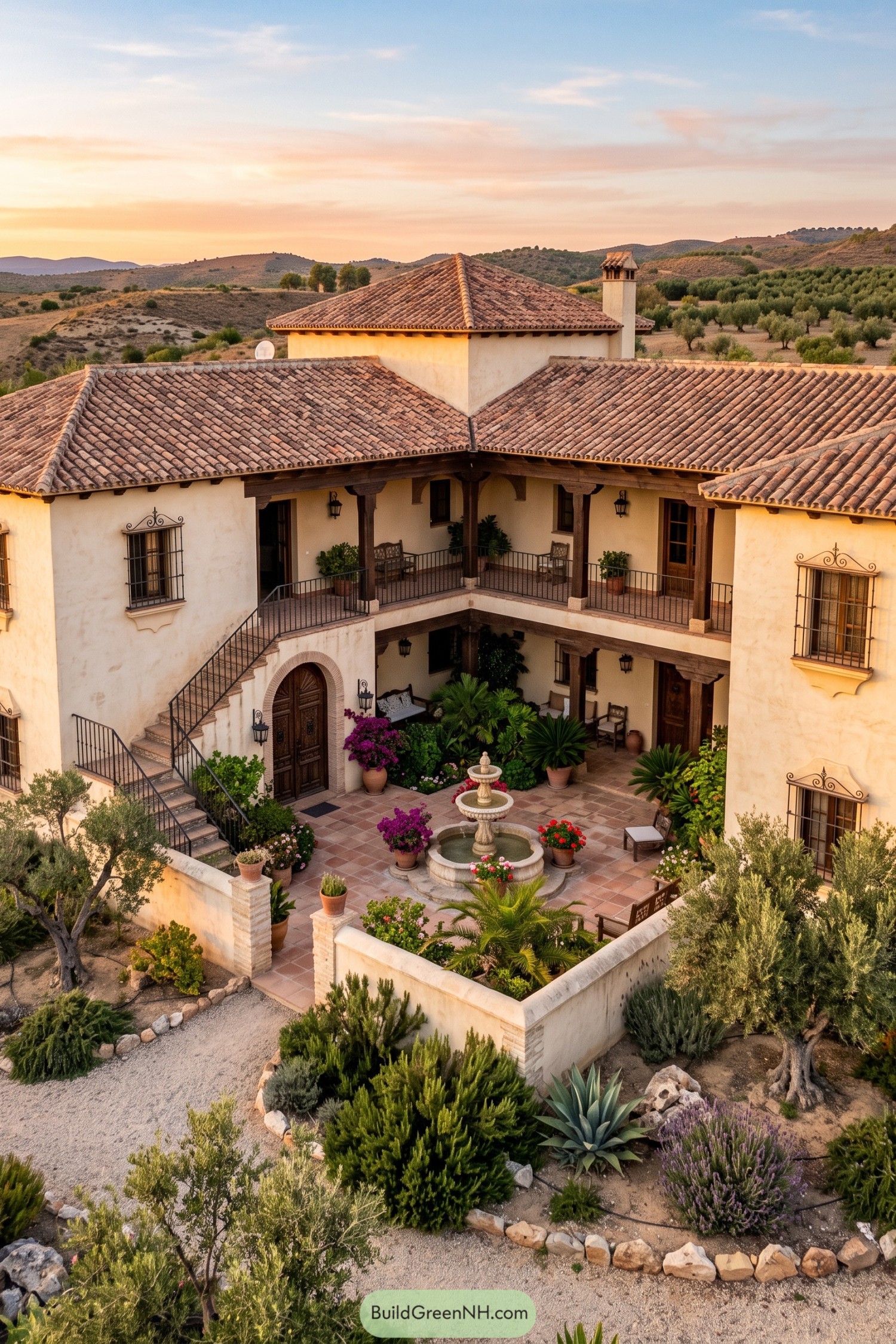 Two-story hacienda with tiled roofs and a fountain courtyard amid olive groves