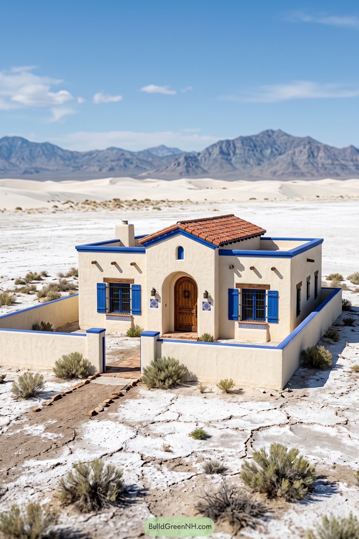 White stucco hacienda with blue shutters in a salt desert