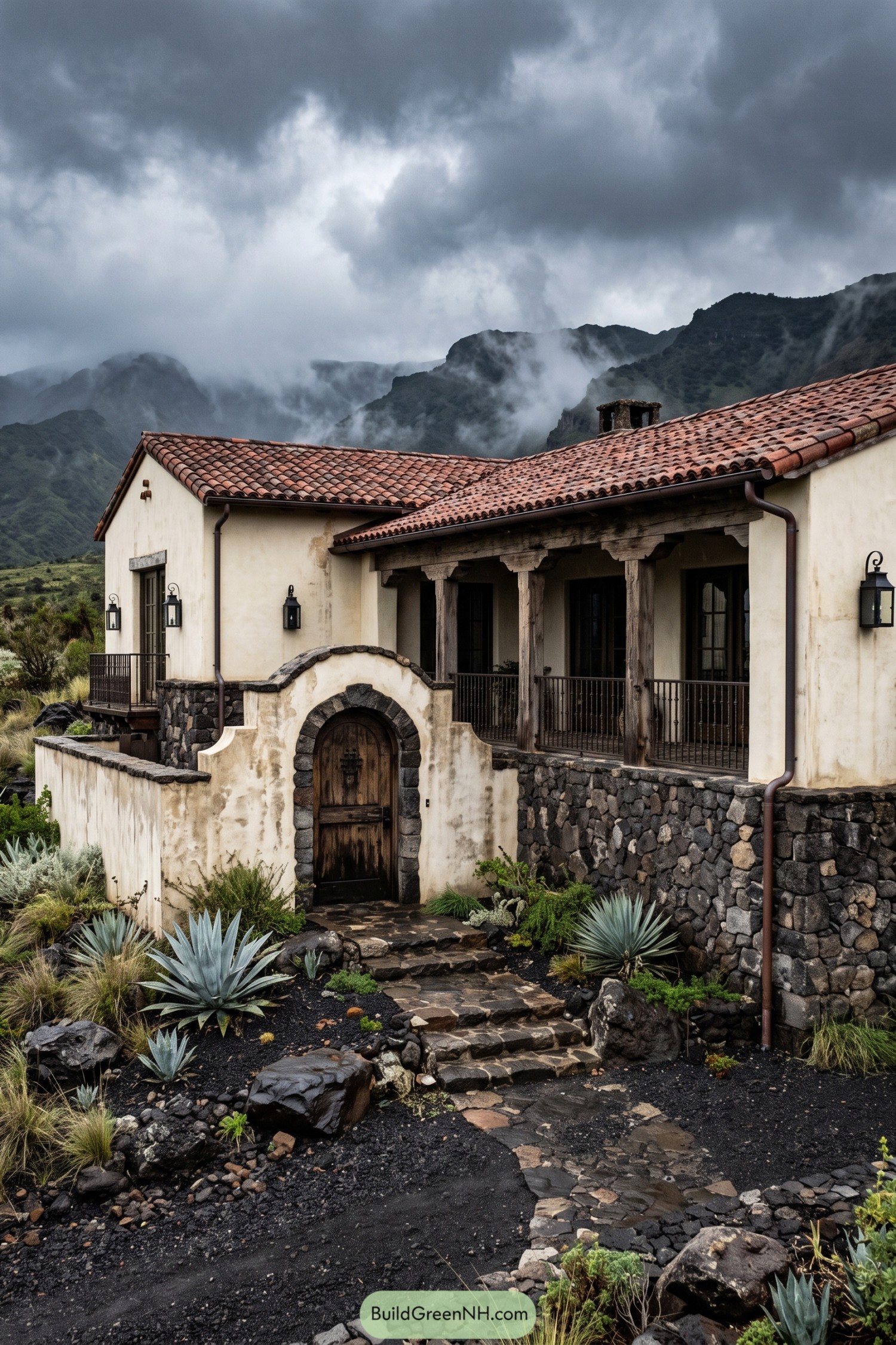 Stucco hacienda with stone walls beneath misty mountains